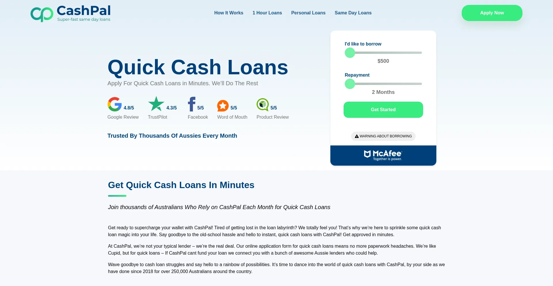 Website screenshot of Cashpal.com.au