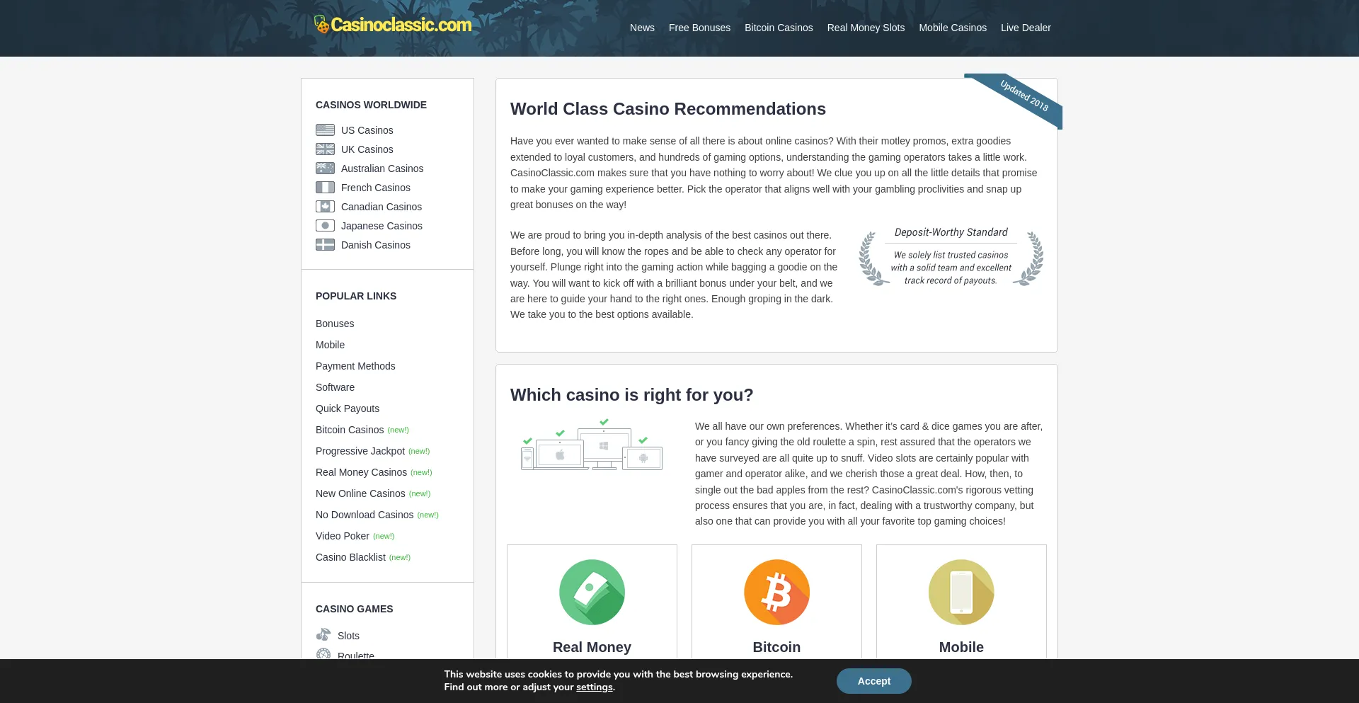 Website screenshot of Casinoclassic.com