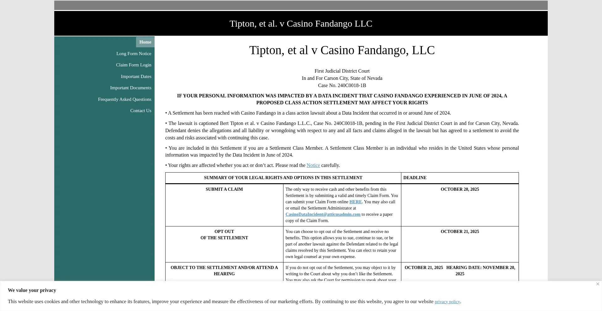 Website screenshot of Casinodataincident.com