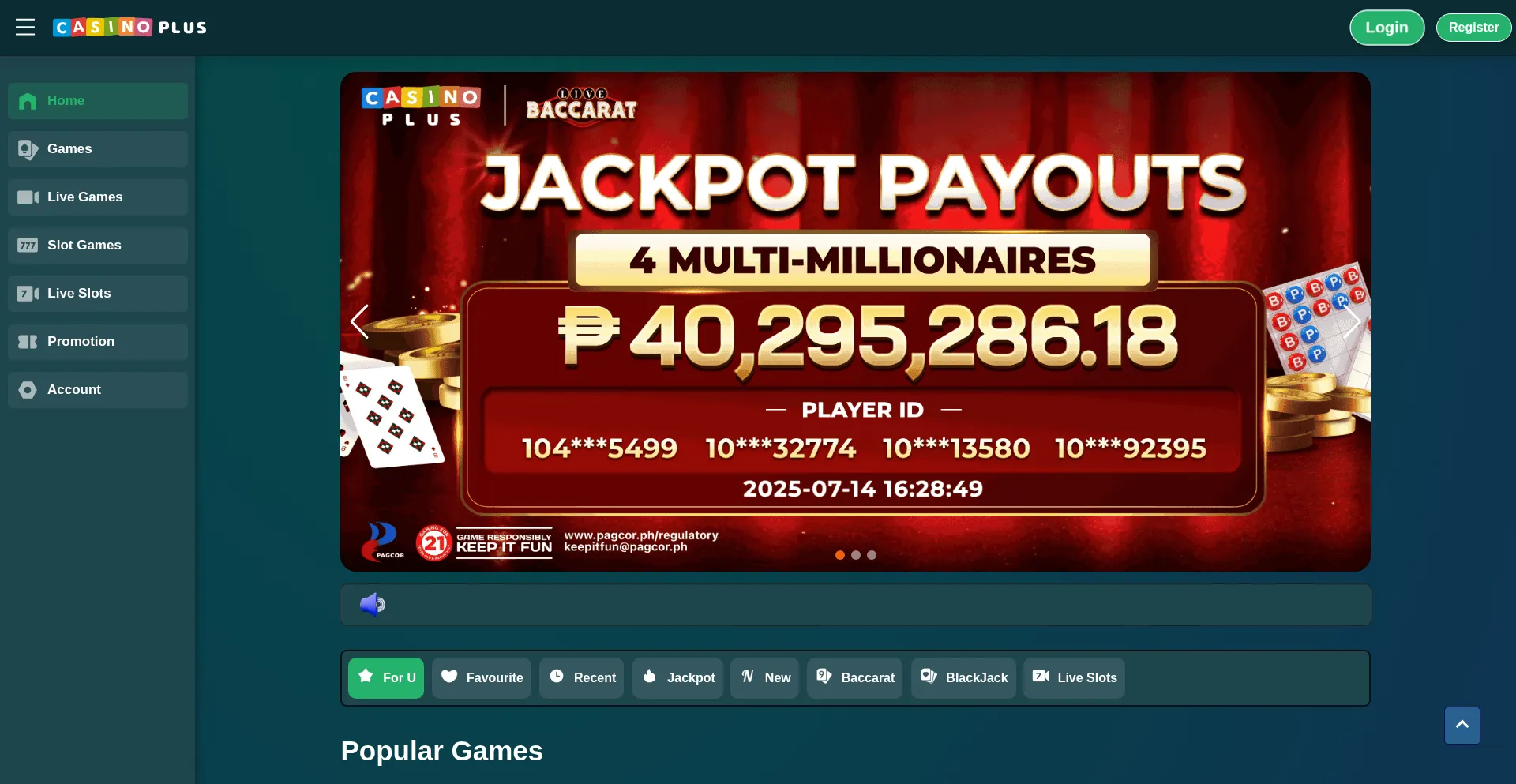 Website screenshot of Casinoplus.net.ph