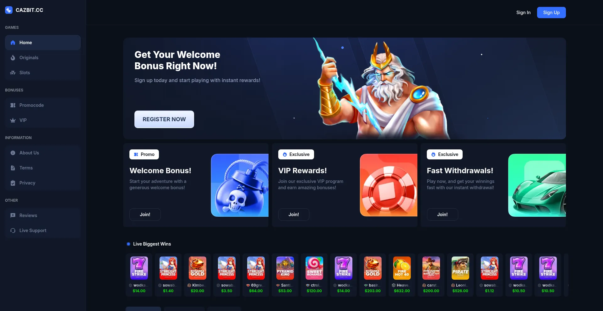 Website screenshot of Cazbit.cc