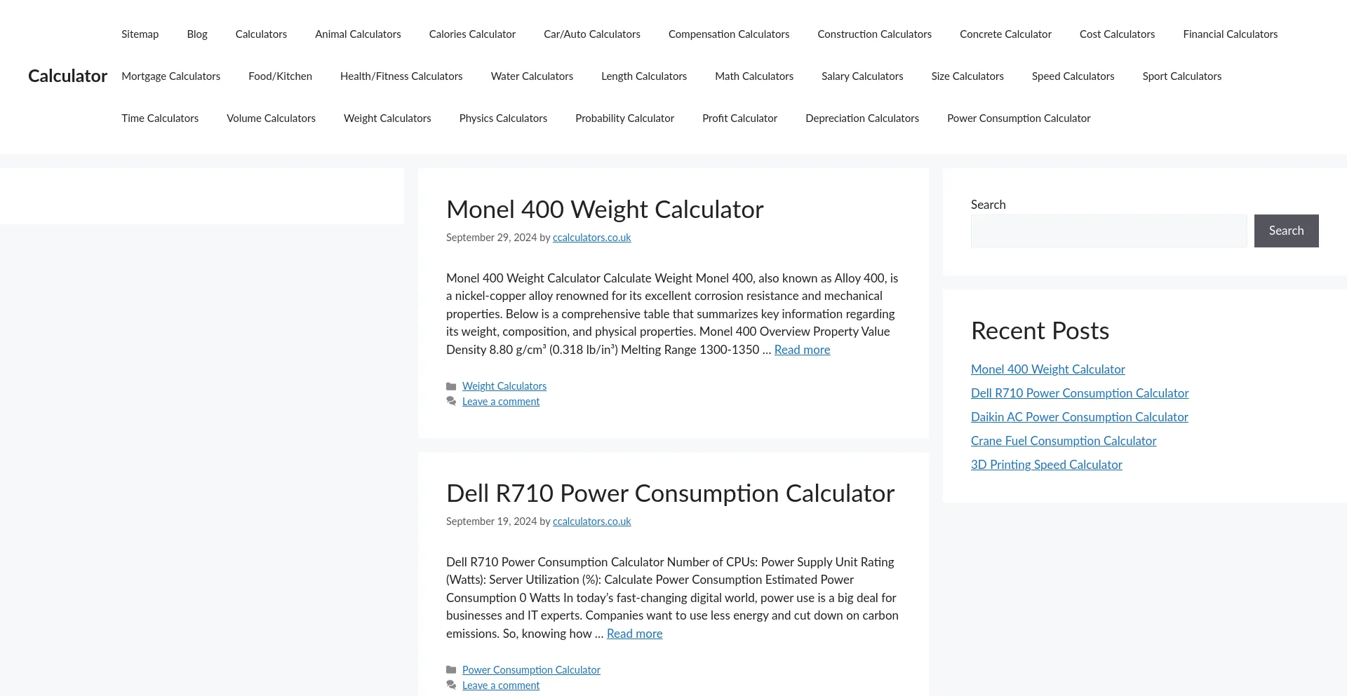 Website screenshot of Ccalculators.co.uk