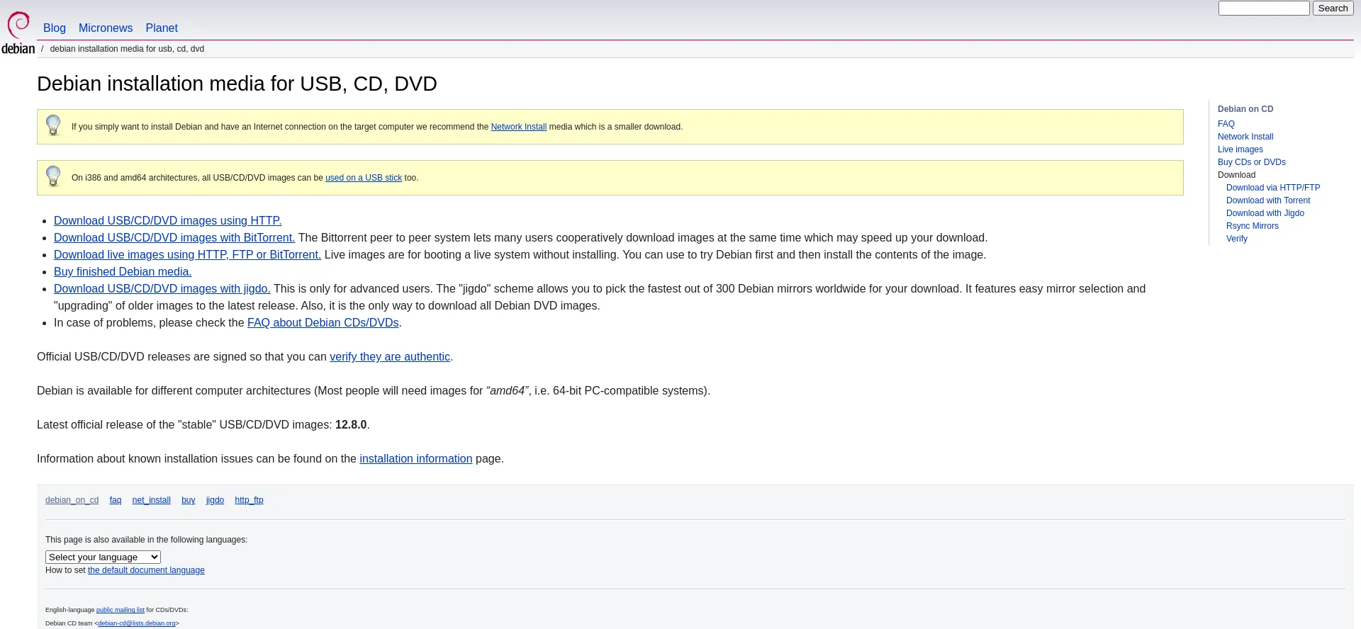 Website screenshot of Cdimage.debian.org