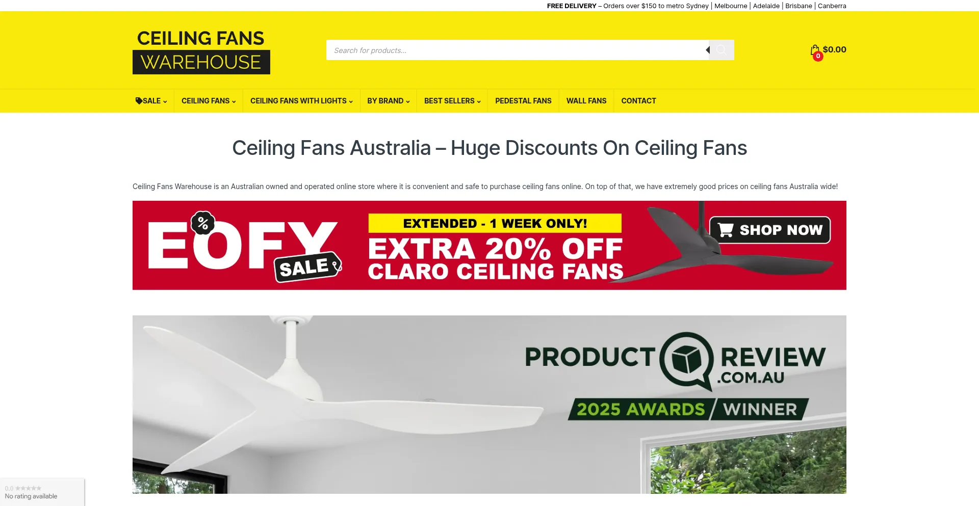 Website screenshot of Ceilingfanswarehouse.com.au