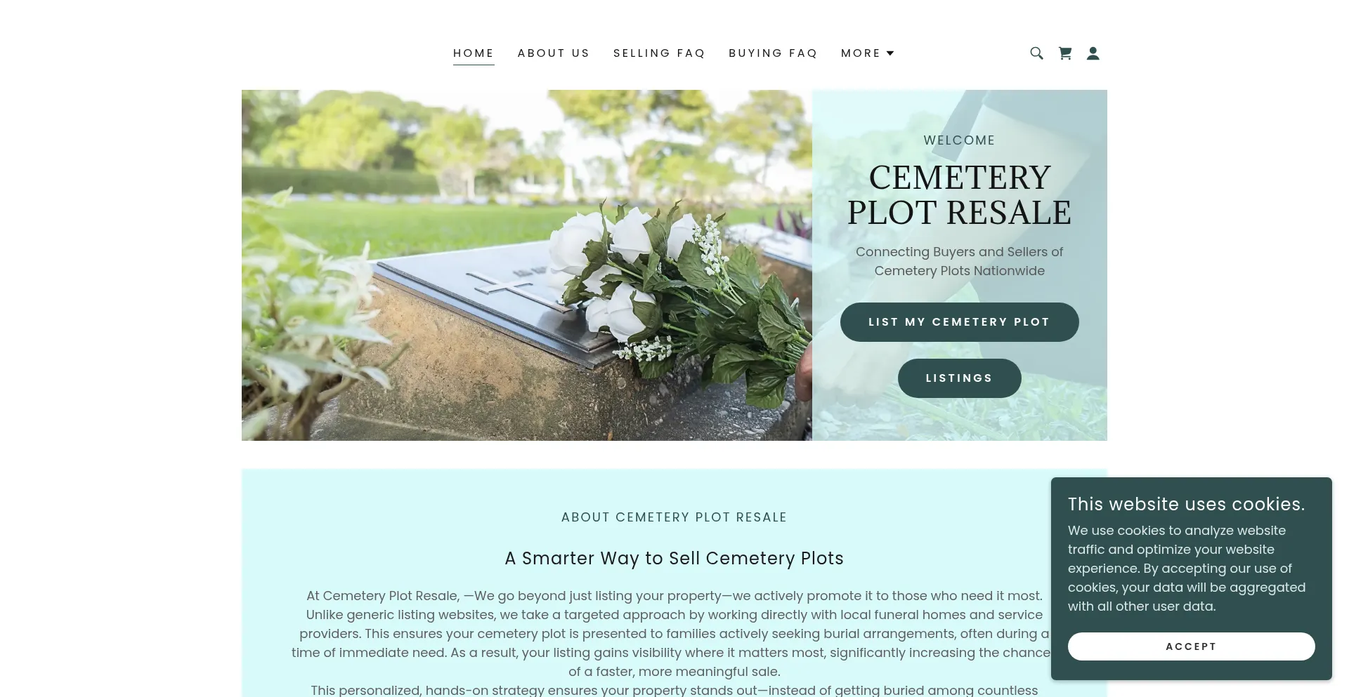 Website screenshot of Cemeteryplotresale.com