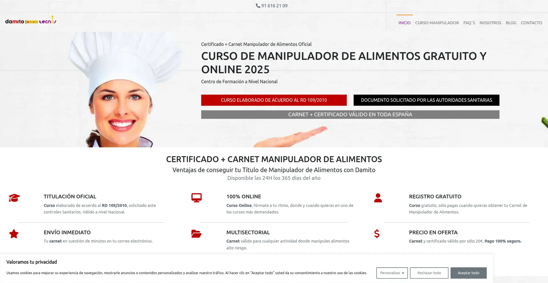 Website screenshot of Certificadomanipuladoralimentos.es