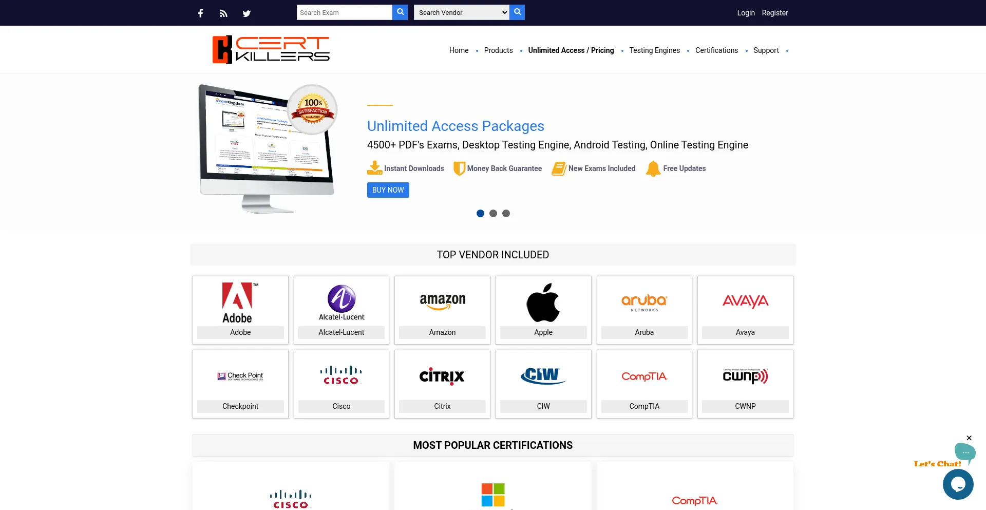 Website screenshot of Certkillers.com
