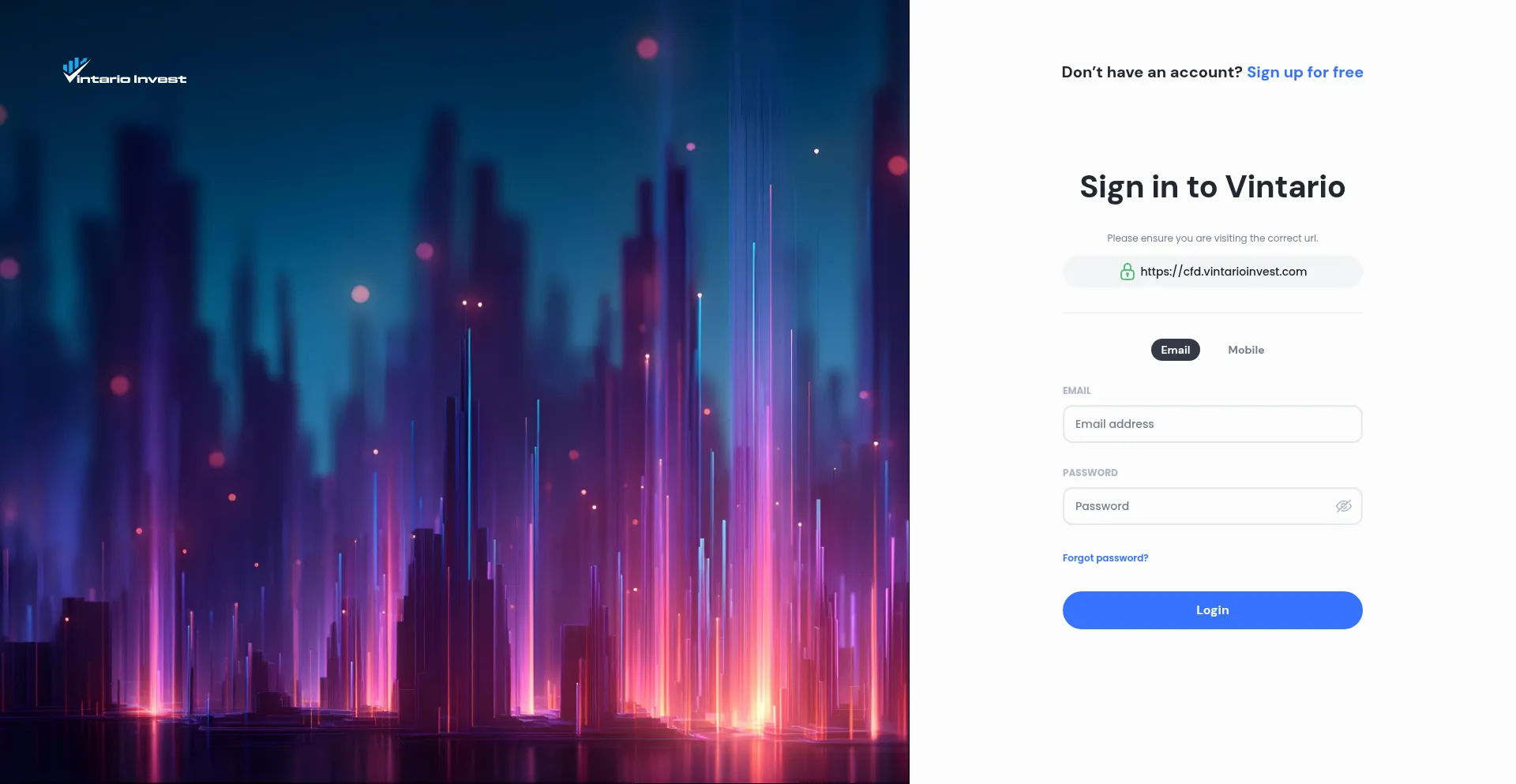 Website screenshot of Cfd.vintarioinvest.com
