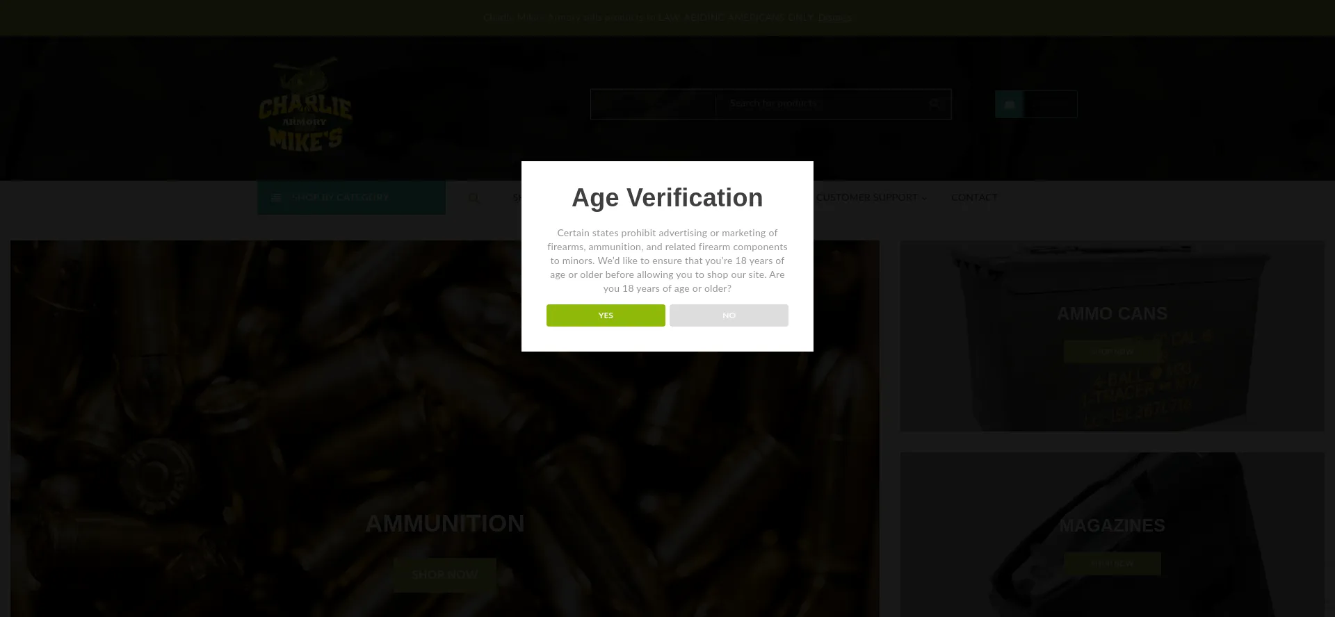 Website screenshot of Charliemikesarmory.com