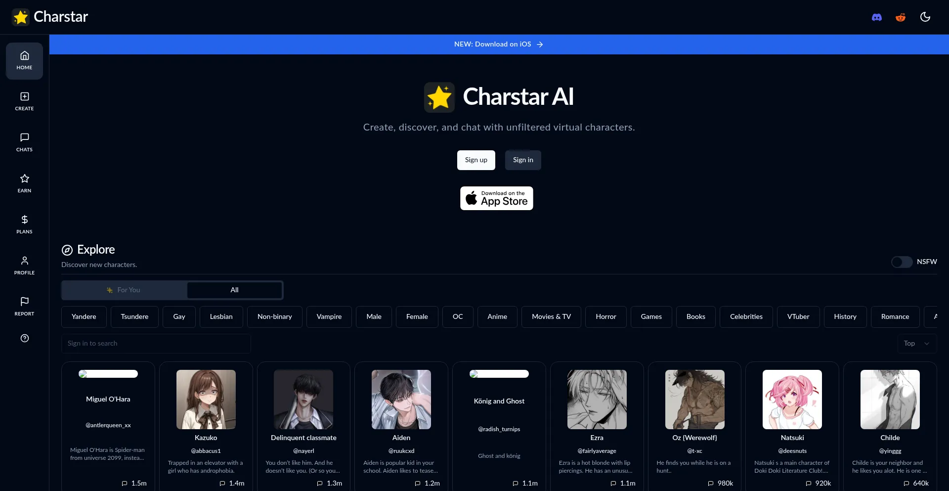 Website screenshot of Charstar.ai