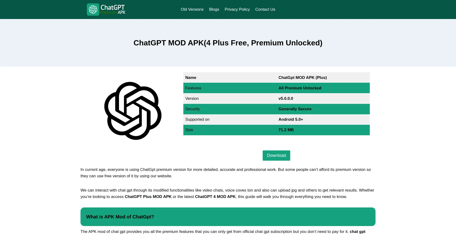 Website screenshot of Chatgptmodapk.com