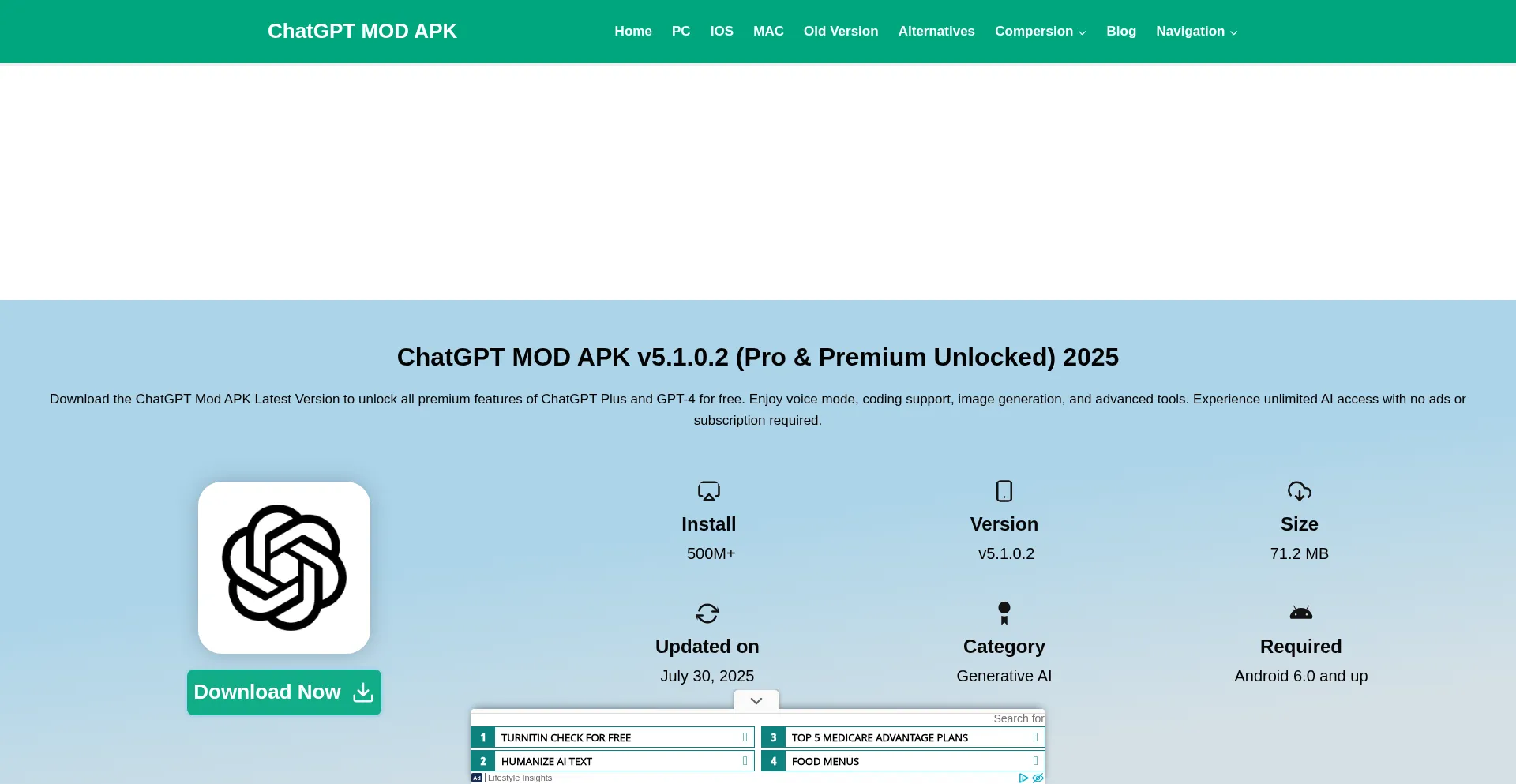 Website screenshot of Chatgptmodapks.com