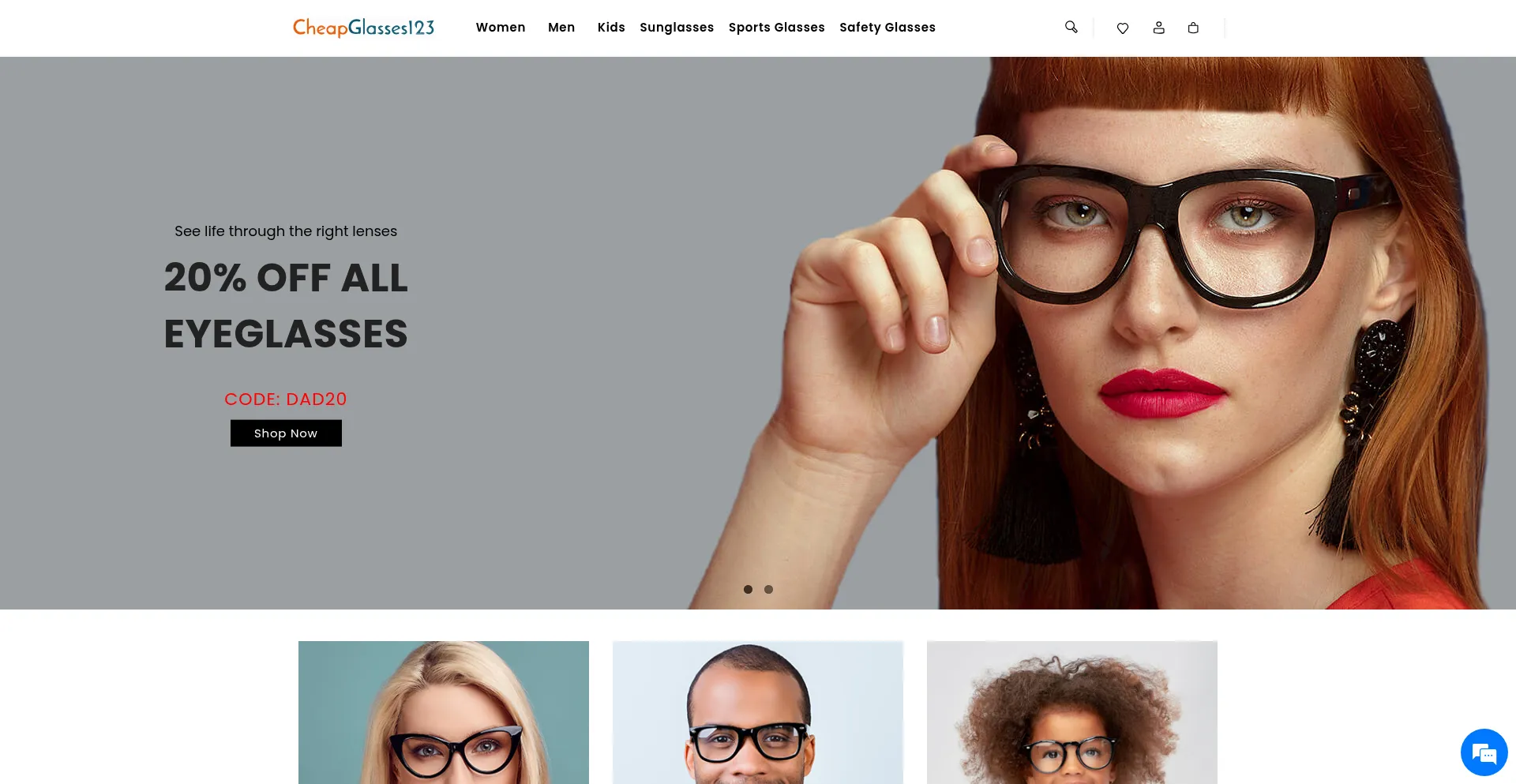 Website screenshot of Cheapglasses123.com
