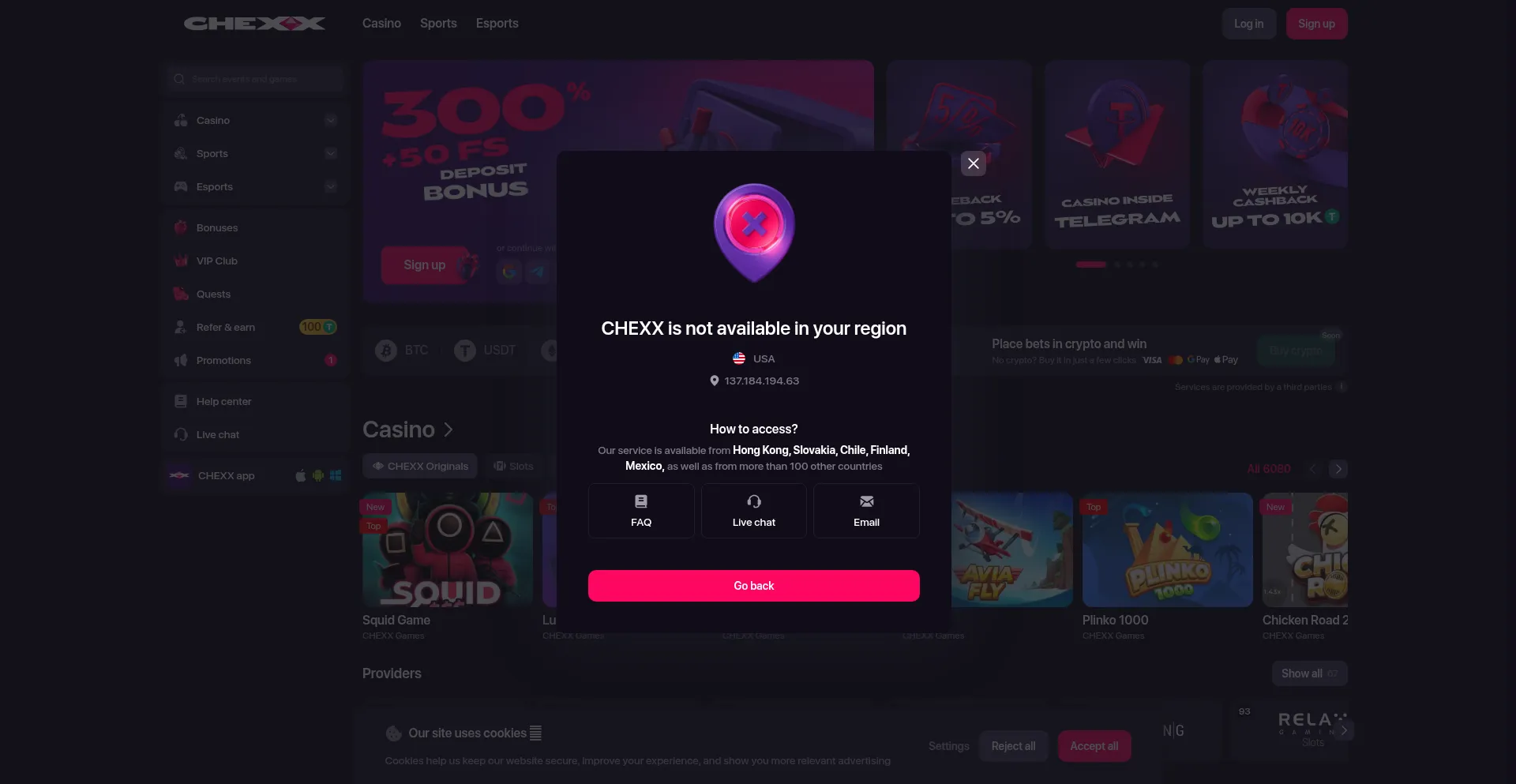 Website screenshot of Chexx.bet
