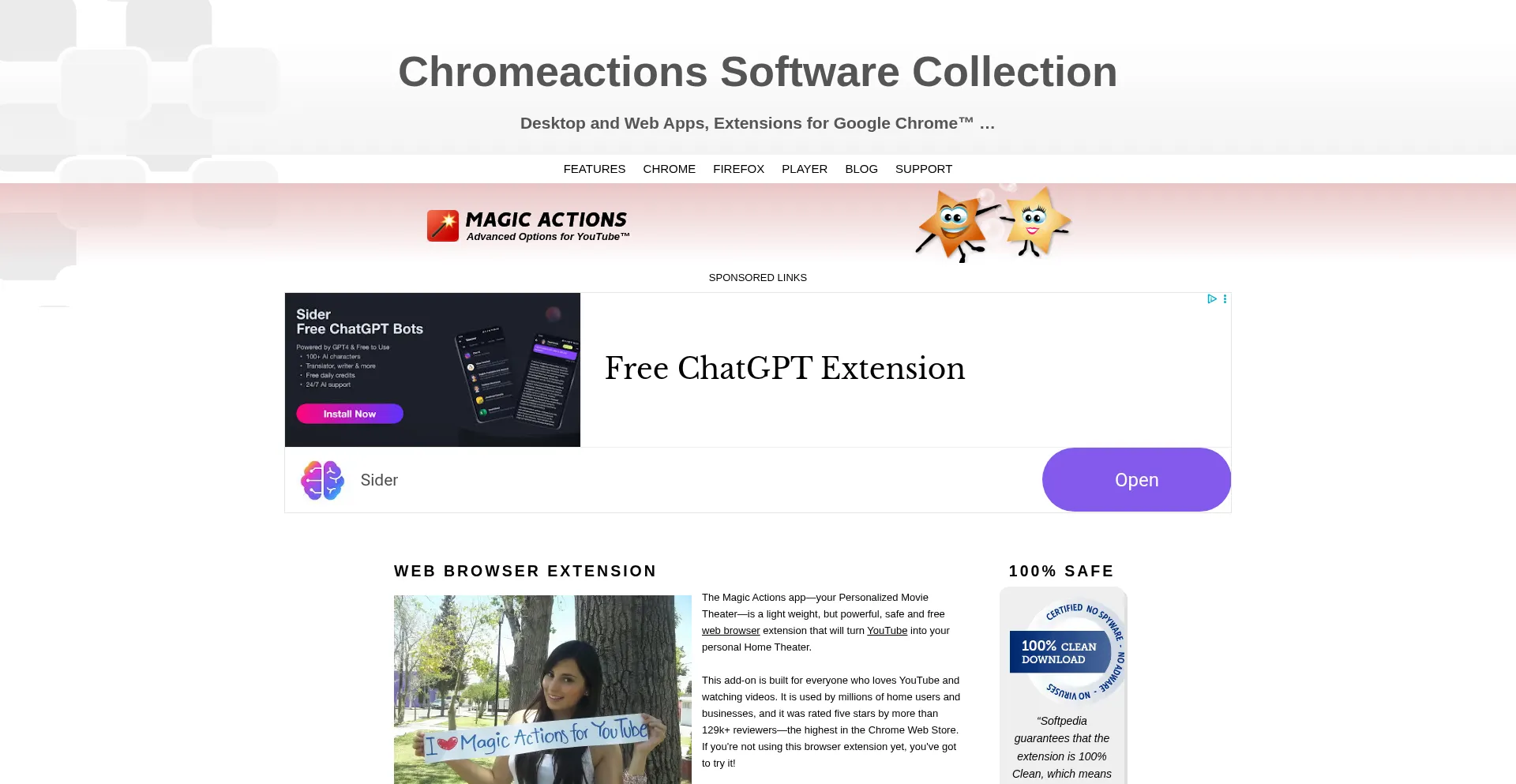 Website screenshot of Chromeactions.com