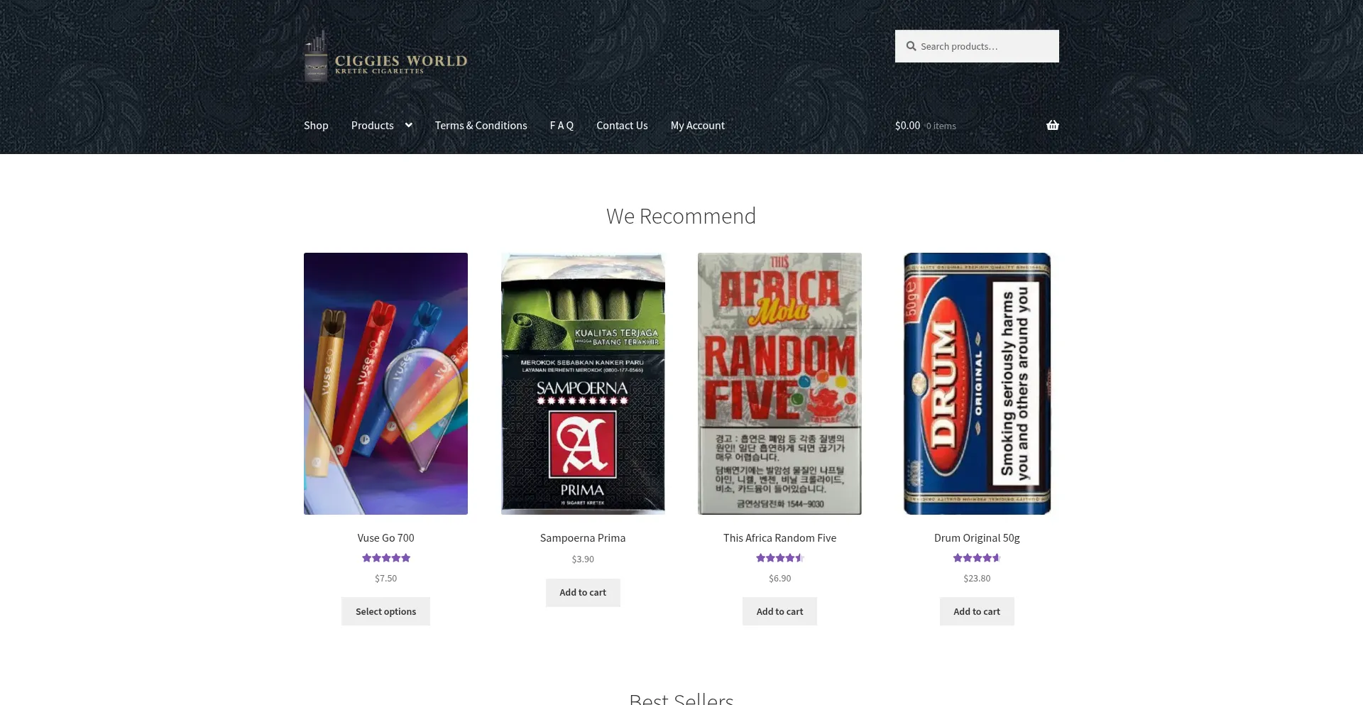 Website screenshot of Ciggiesworld.ch