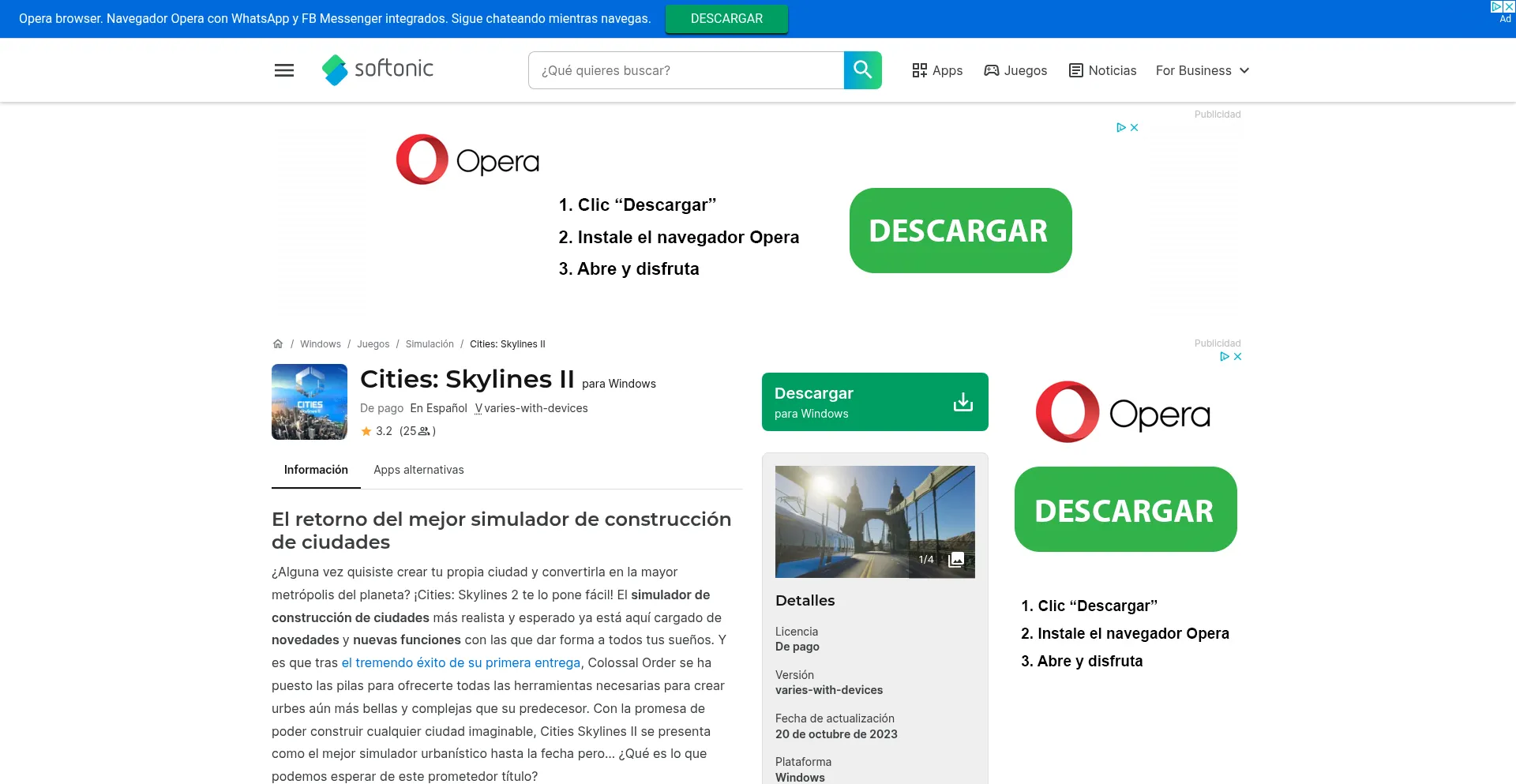 Website screenshot of Cities-skylines-2.softonic.com
