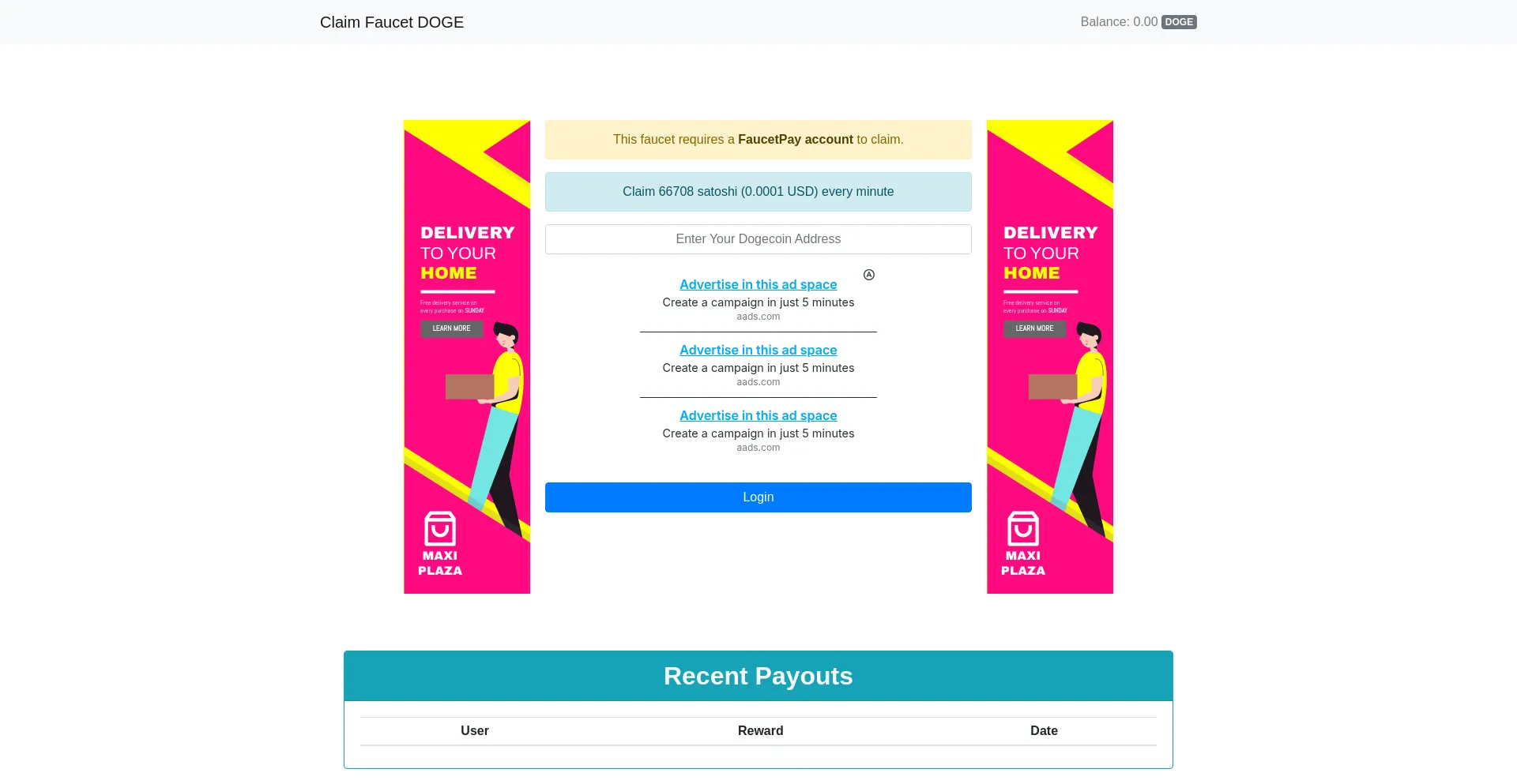 Website screenshot of Claimfaucet-doge.top
