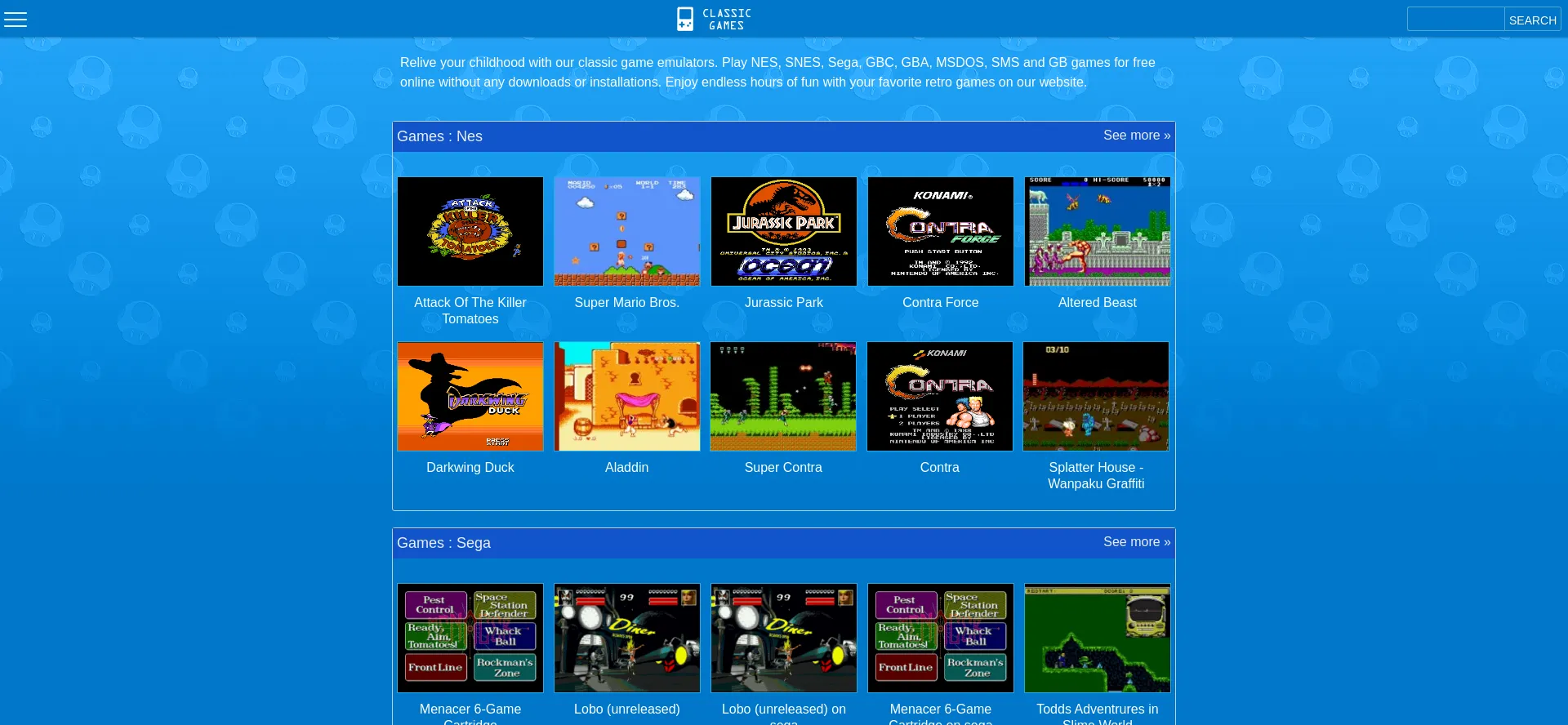 Website screenshot of Classicgames.me