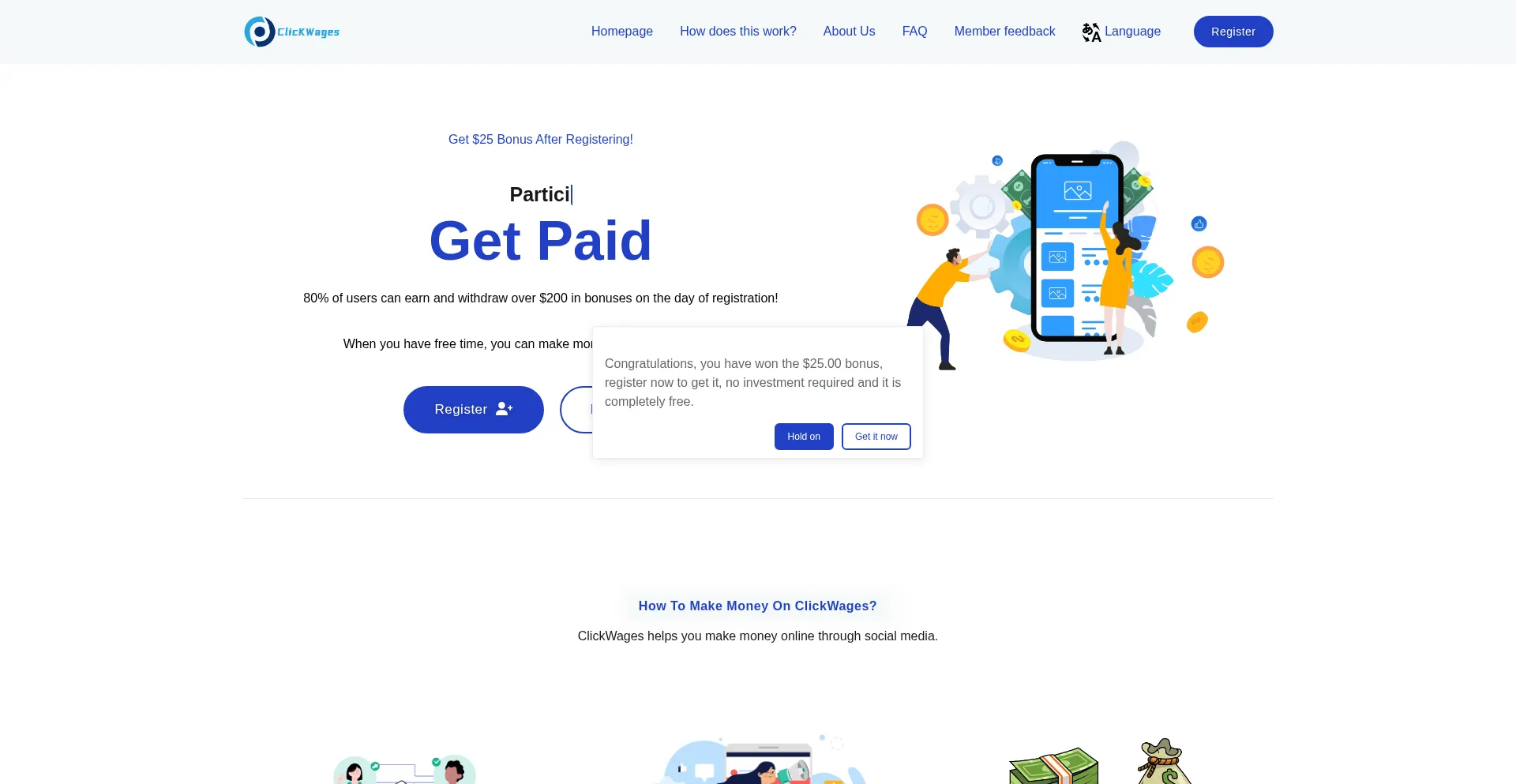 Website screenshot of Click9acwages.top