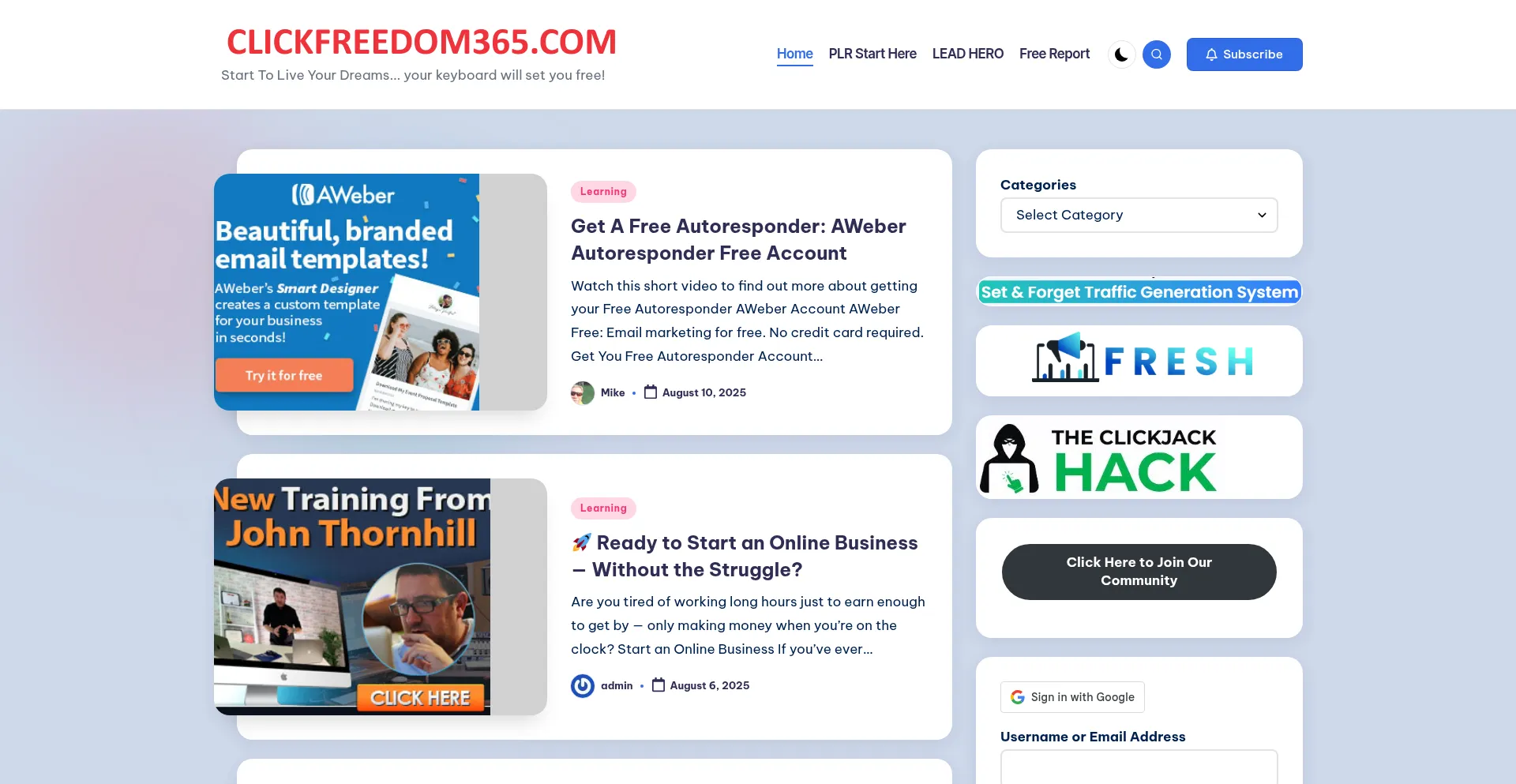 Website screenshot of Clickfreedom365.com