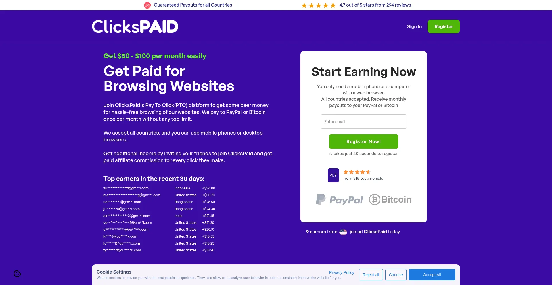 Website screenshot of Clickspaid.com