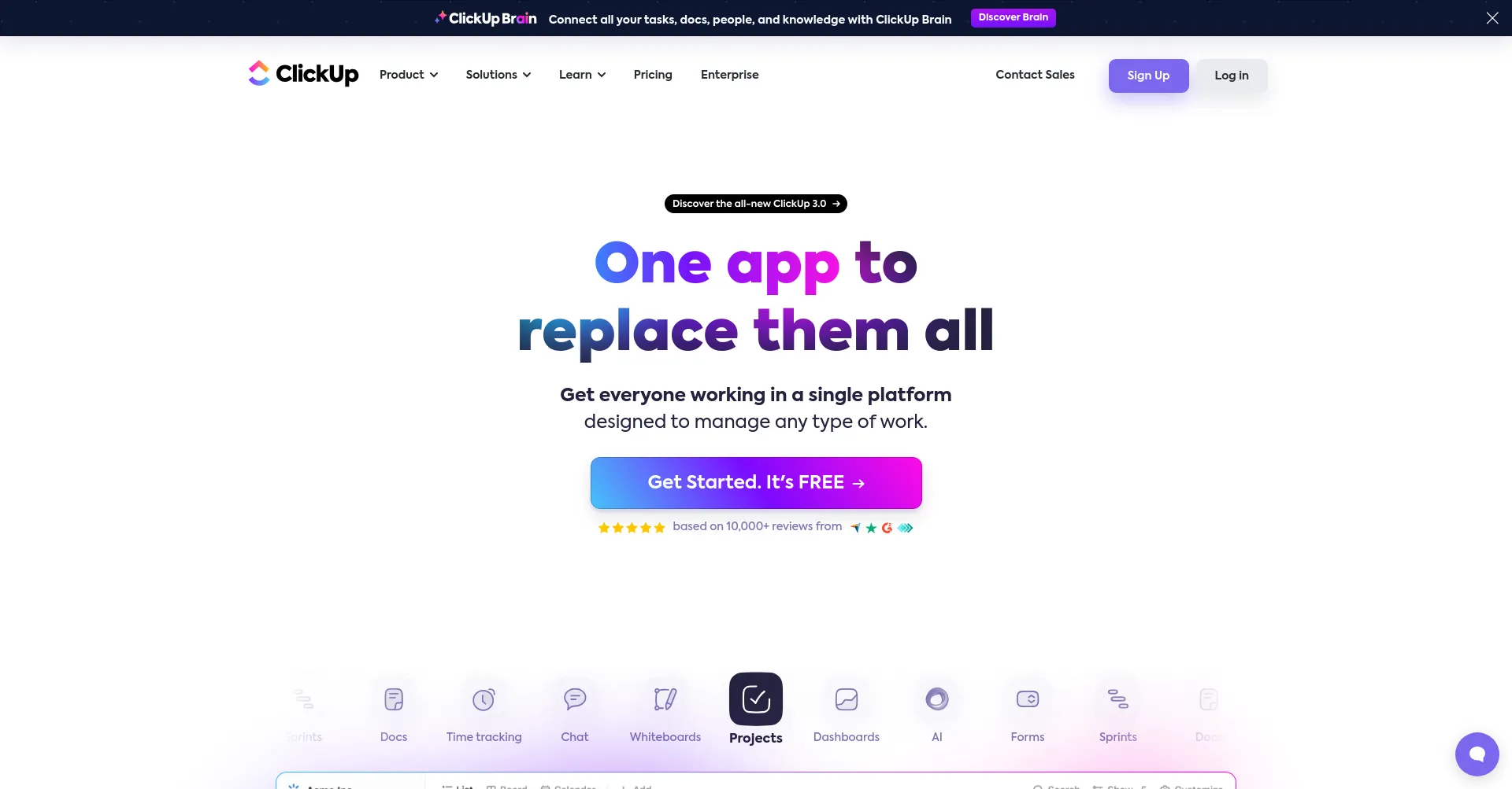 Website screenshot of Clickup.com