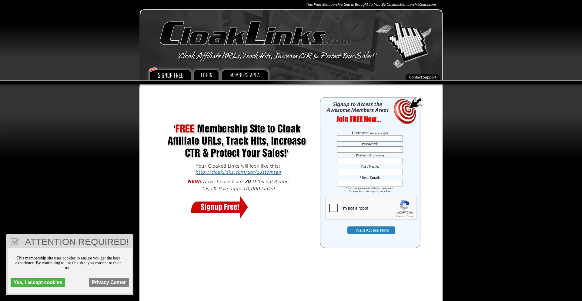 Website screenshot of Cloaklinks.com
