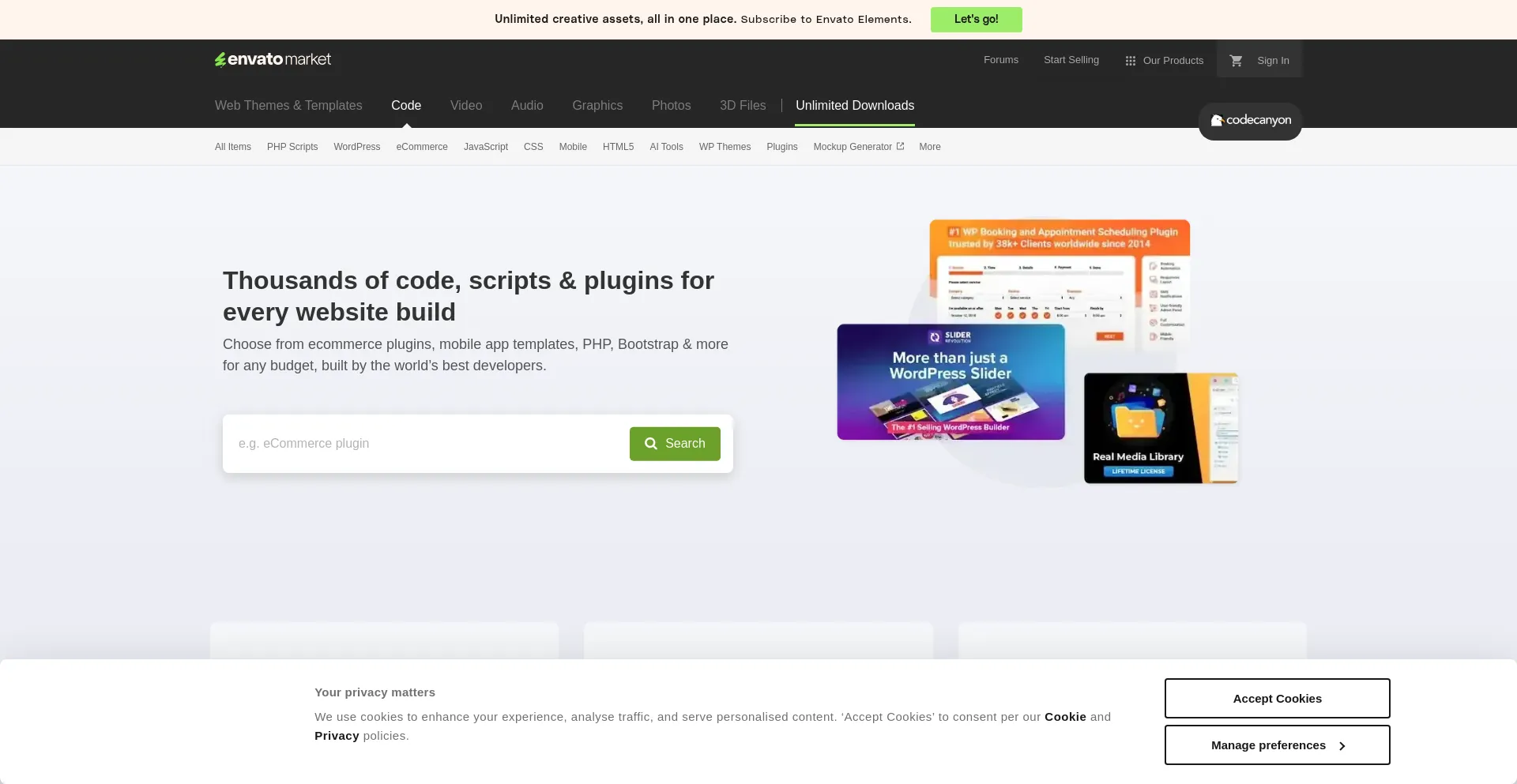 Website screenshot of Codecanyon.net