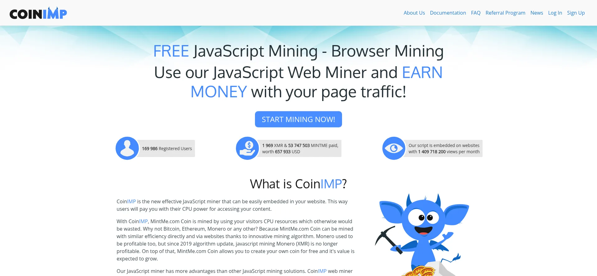 Website screenshot of Coinimp.com