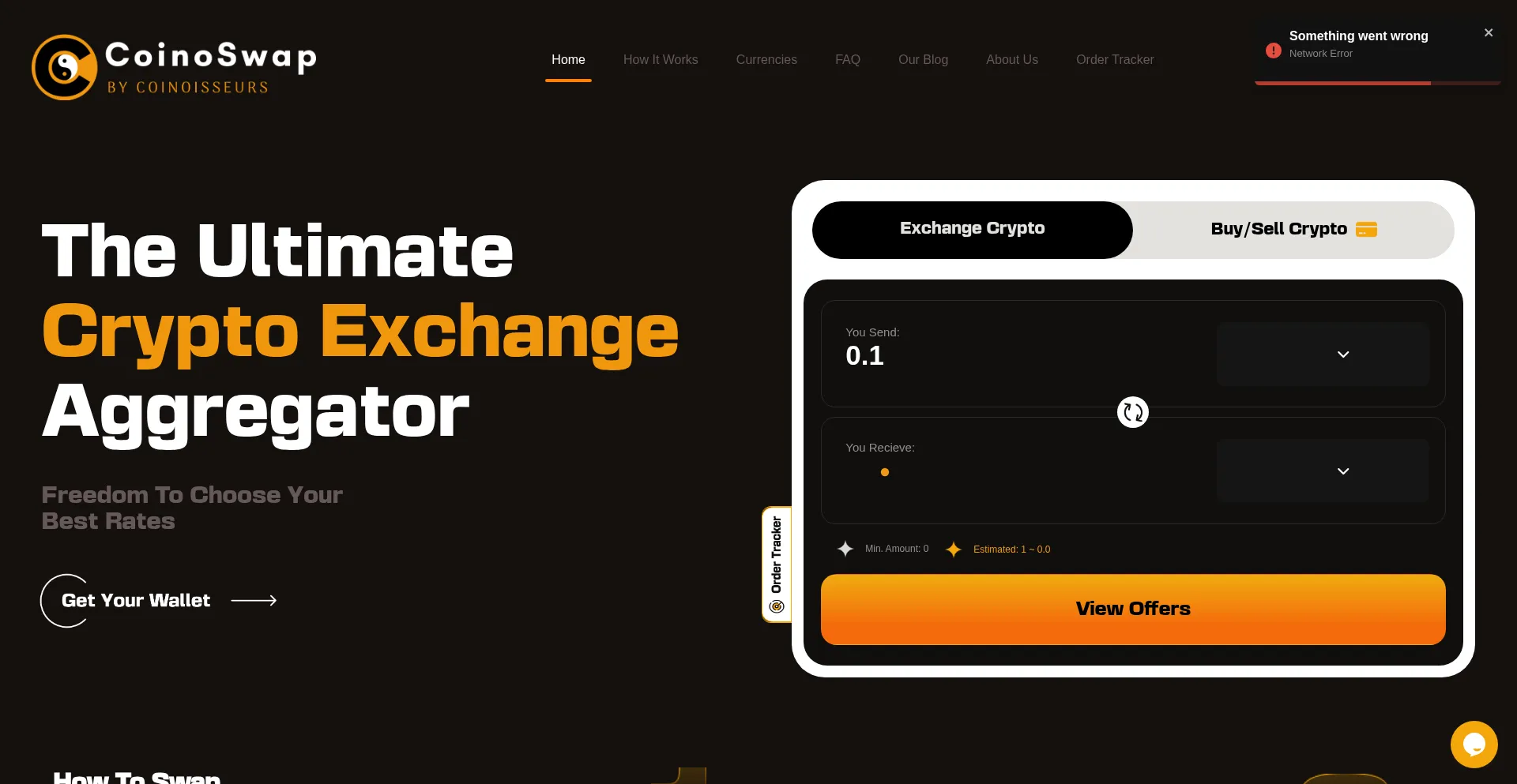 Website screenshot of Coinoswap.com
