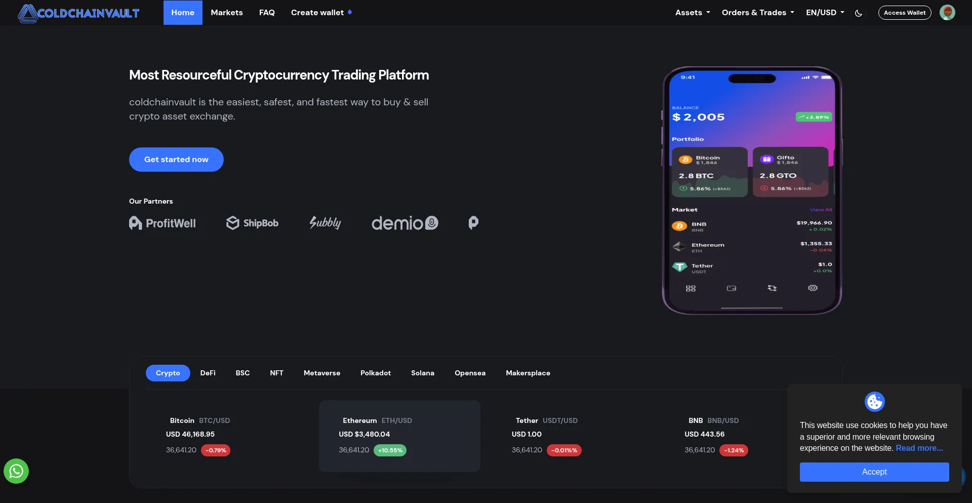 Website screenshot of Coldchainvault.online