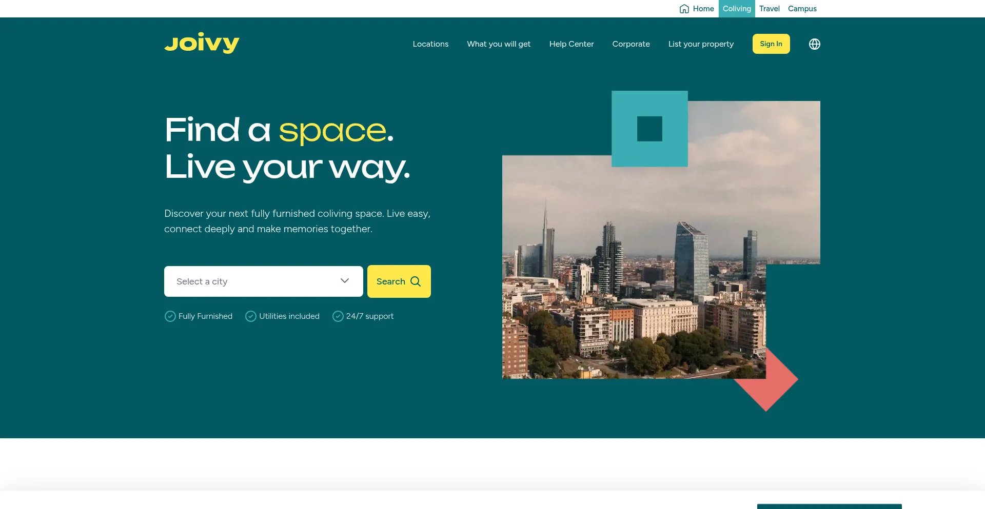 Website screenshot of Coliving.joivy.com