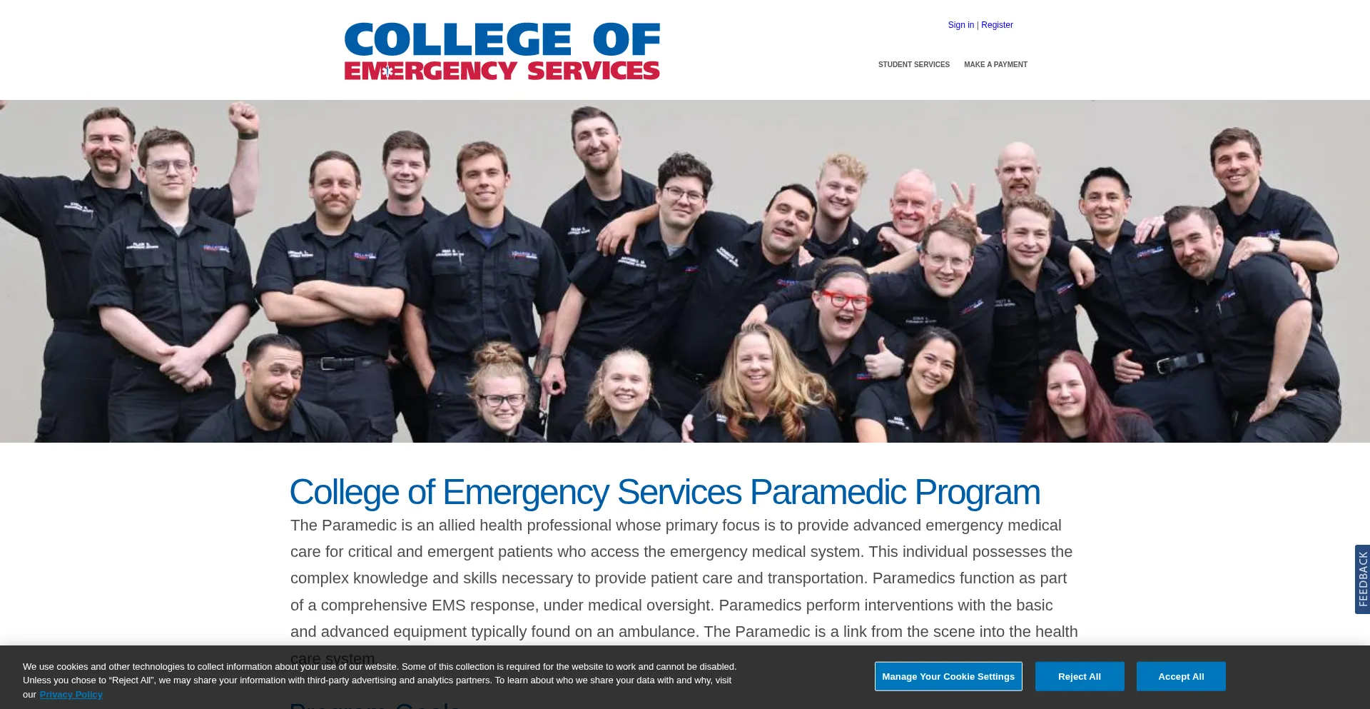 Website screenshot of Collegeofems.com