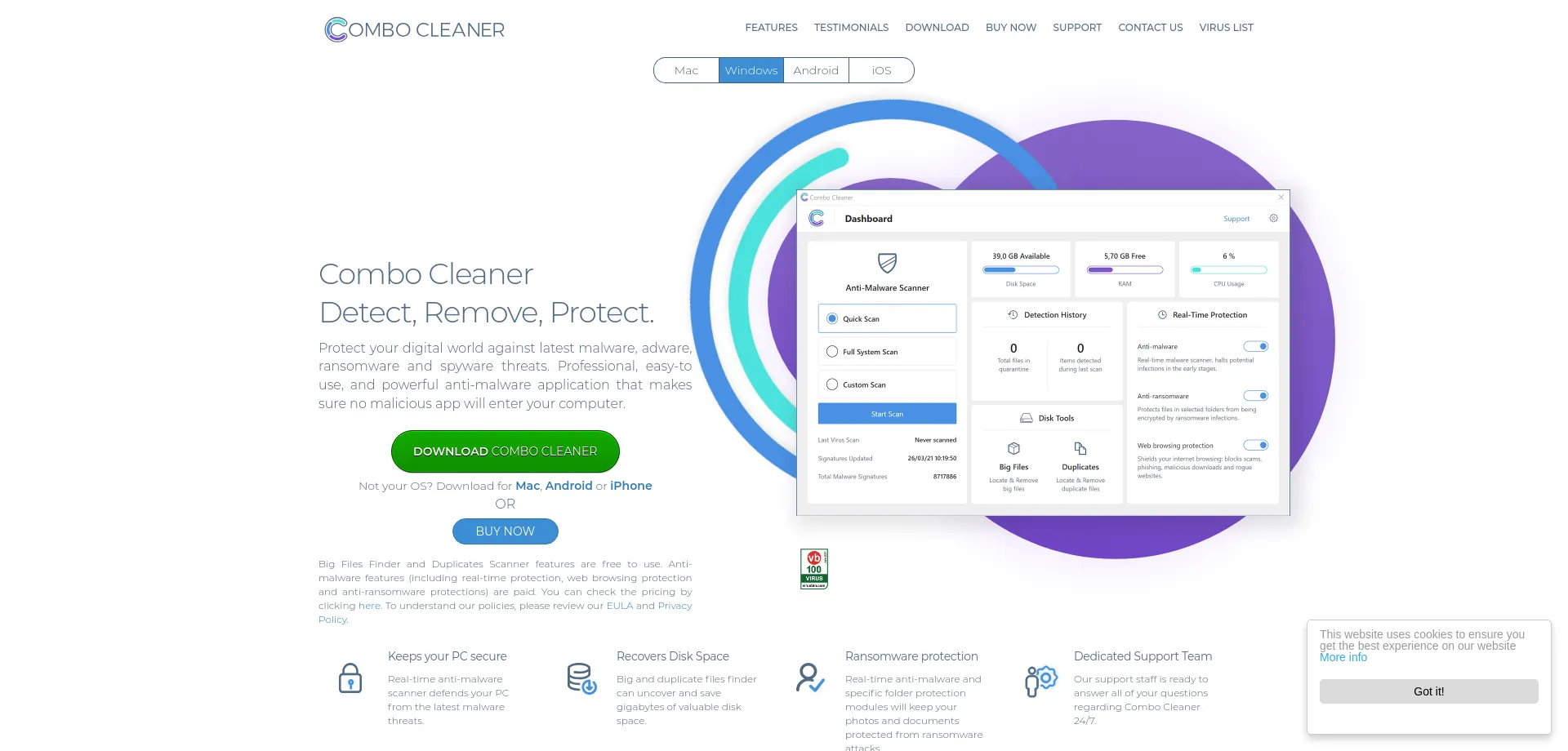 Website screenshot of Combocleaner.com
