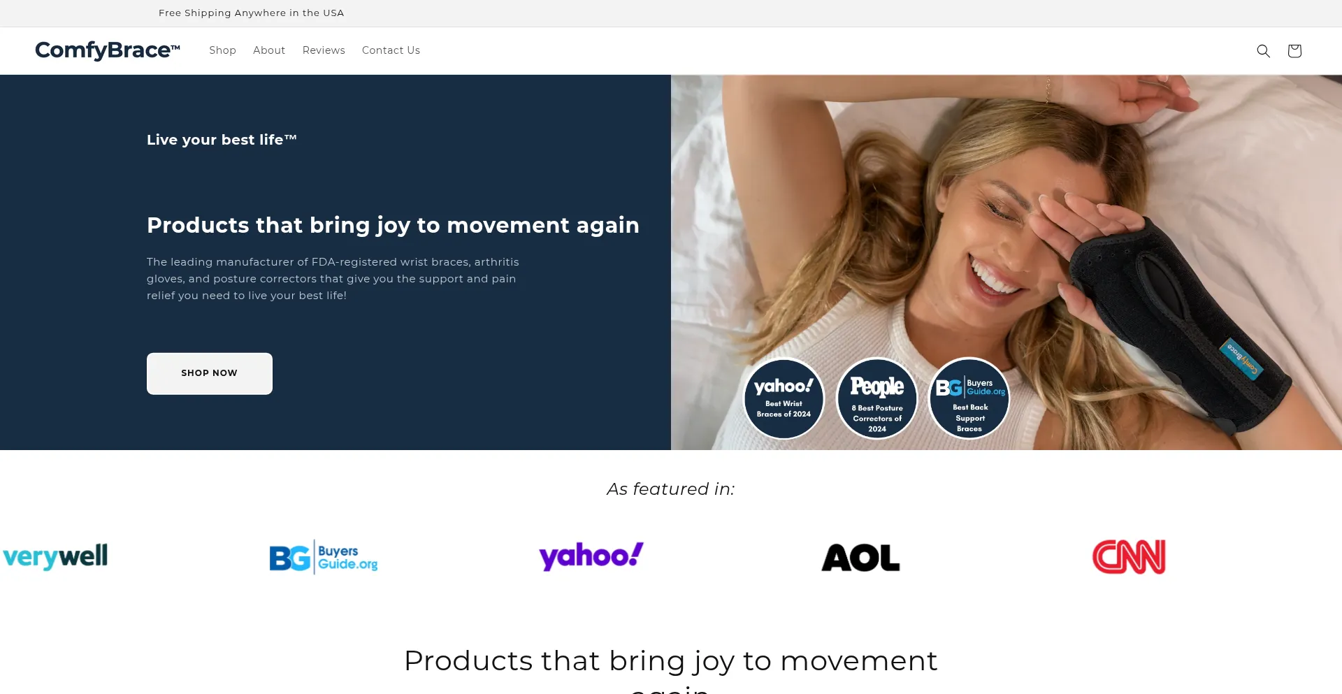 Website screenshot of Comfybrace.com