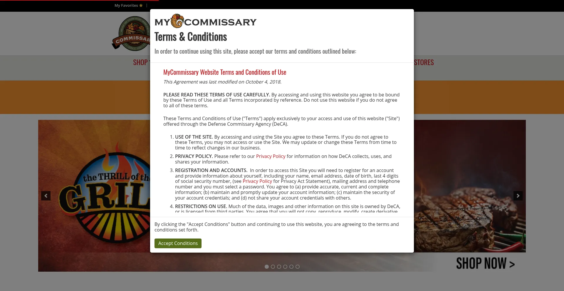 Website screenshot of Commissaries.com