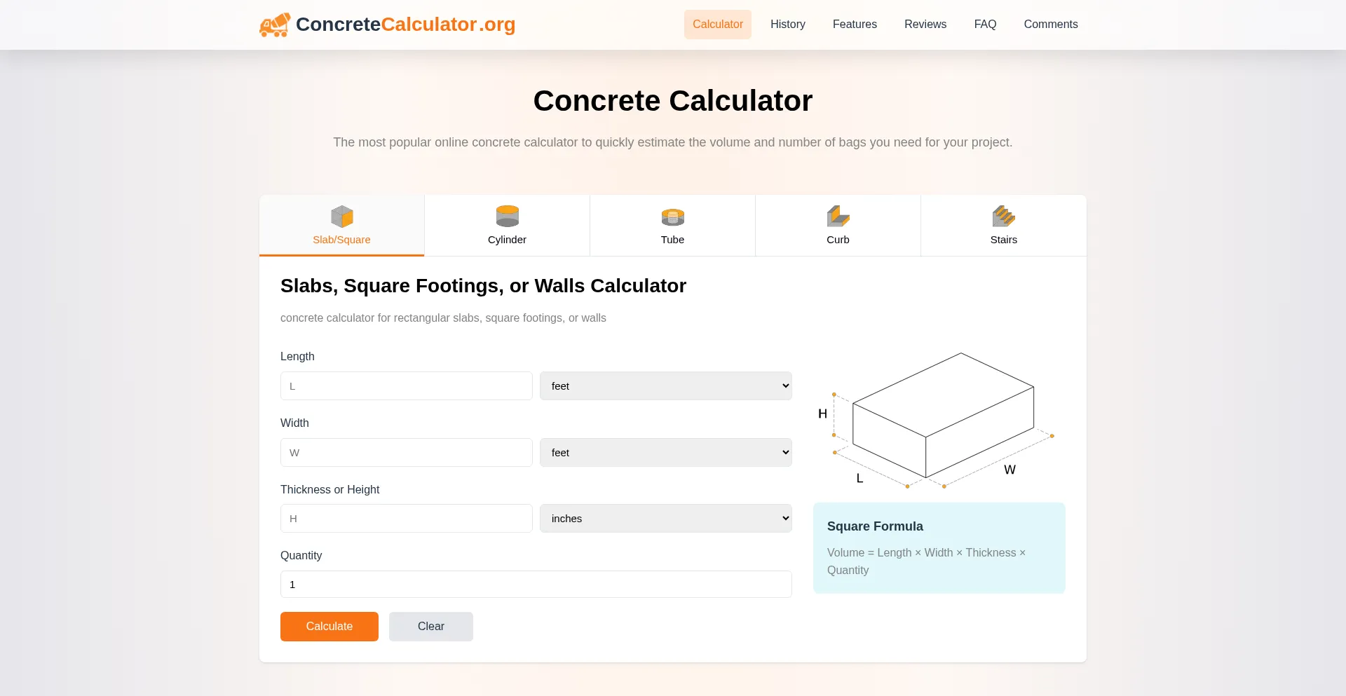 Website screenshot of Concretecalculator.org