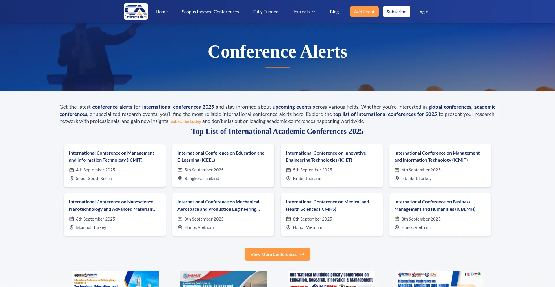 Website screenshot of Conferencealert.com