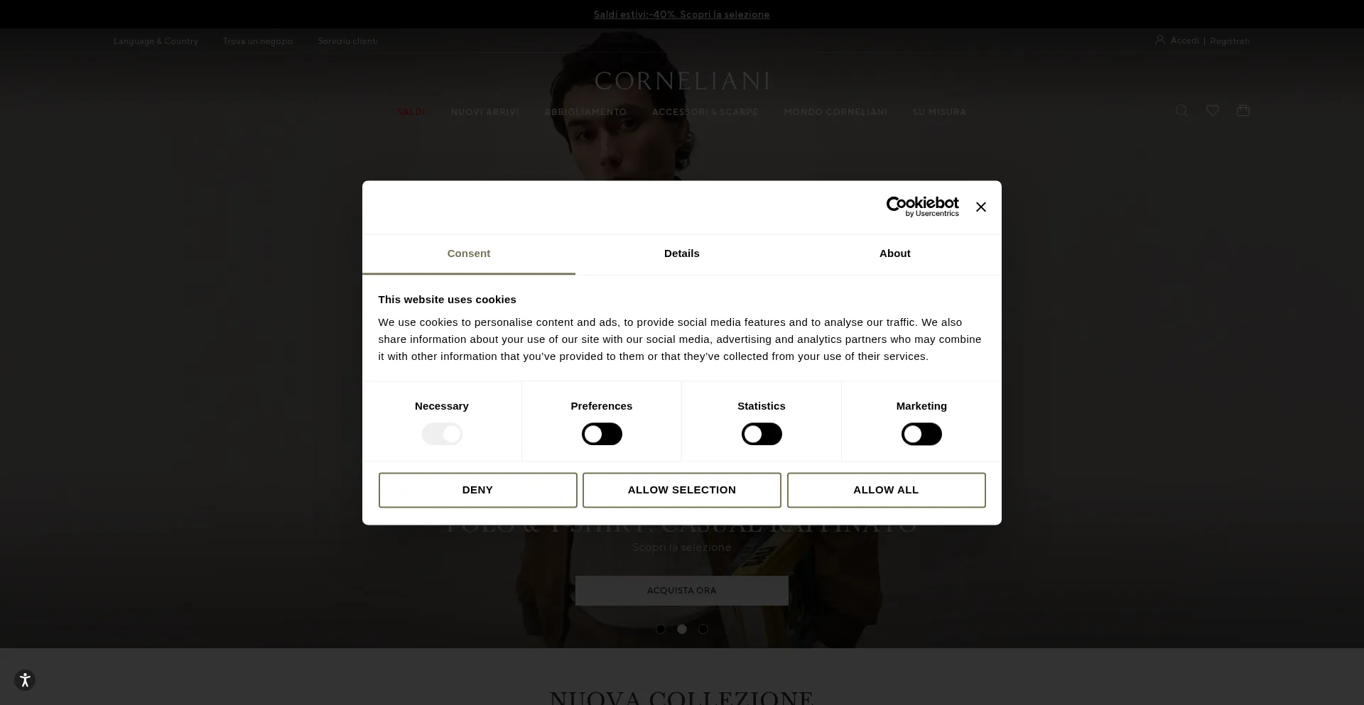 Website screenshot of Corneliani.com