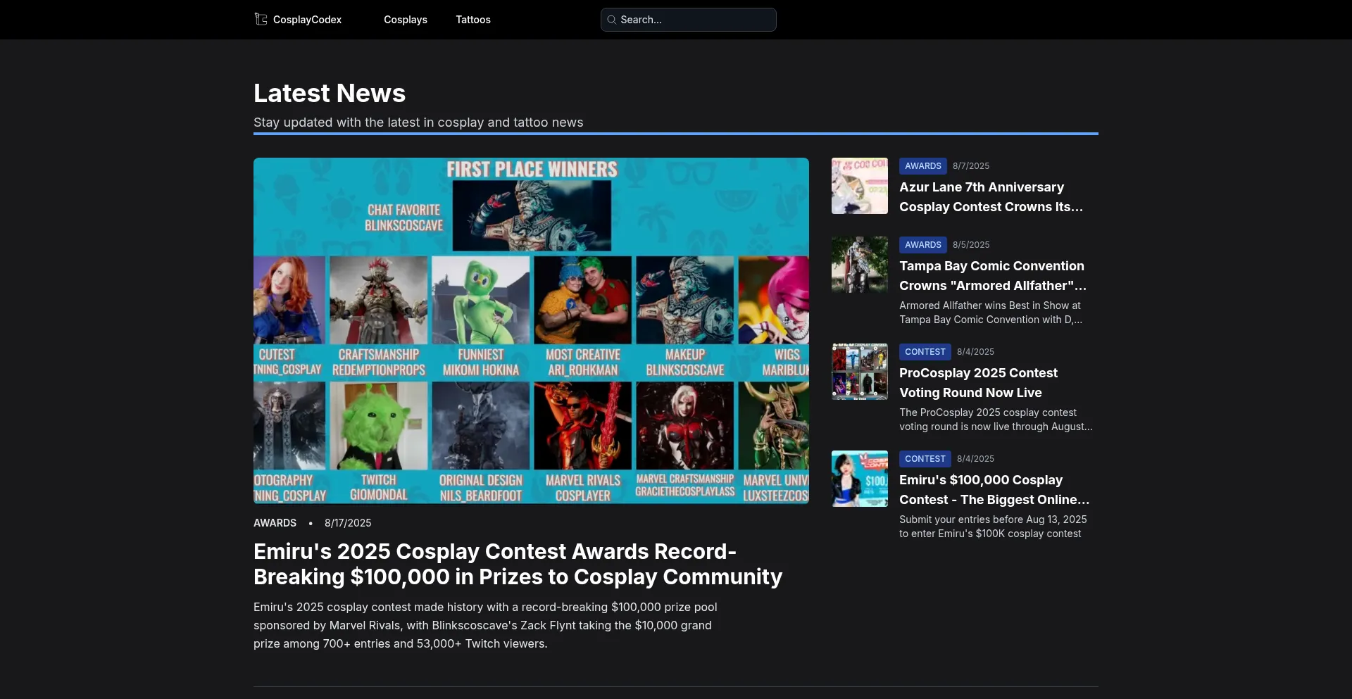 Website screenshot of Cosplaycodex.com