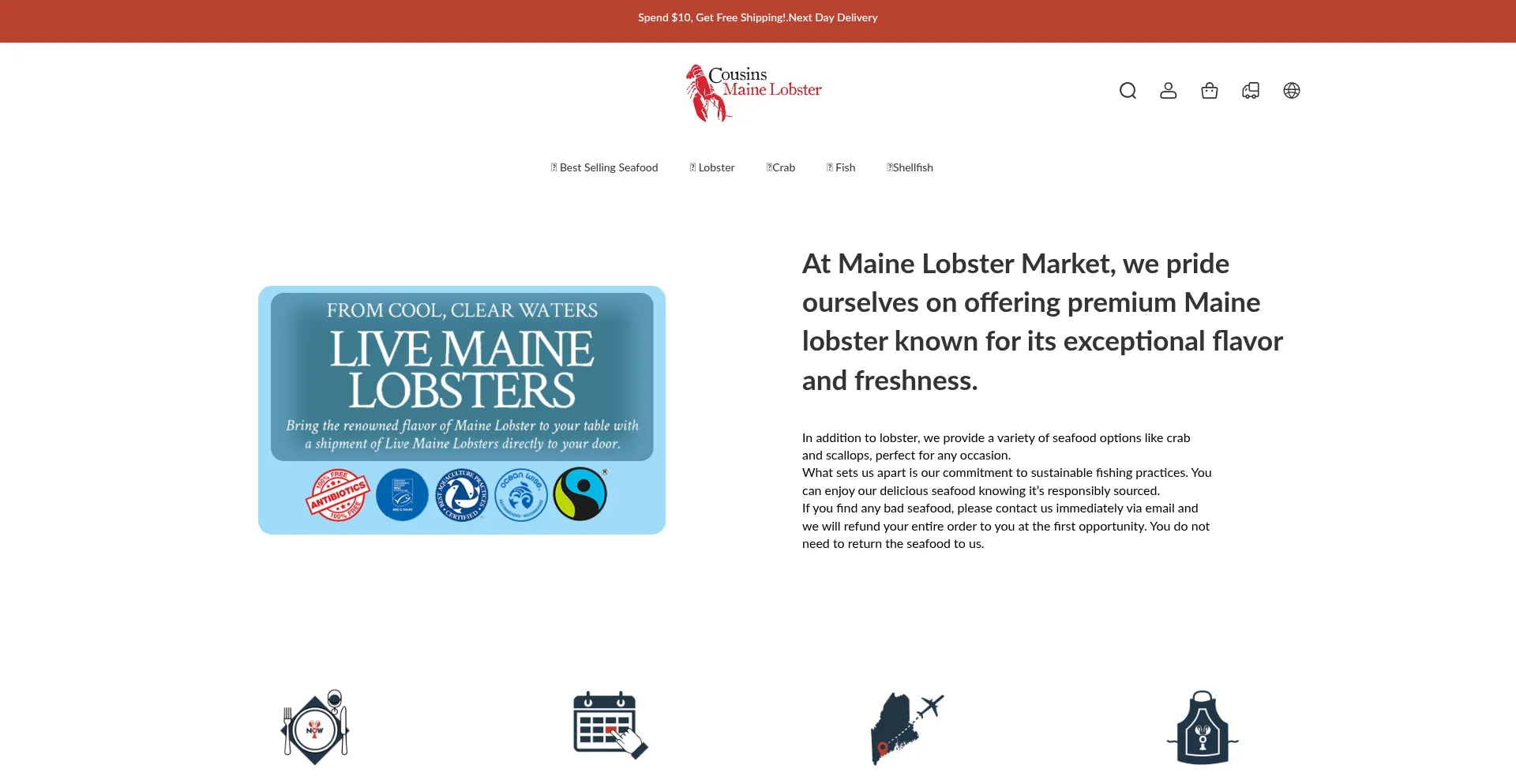 Website screenshot of Cousinsmainelobstersnow.com
