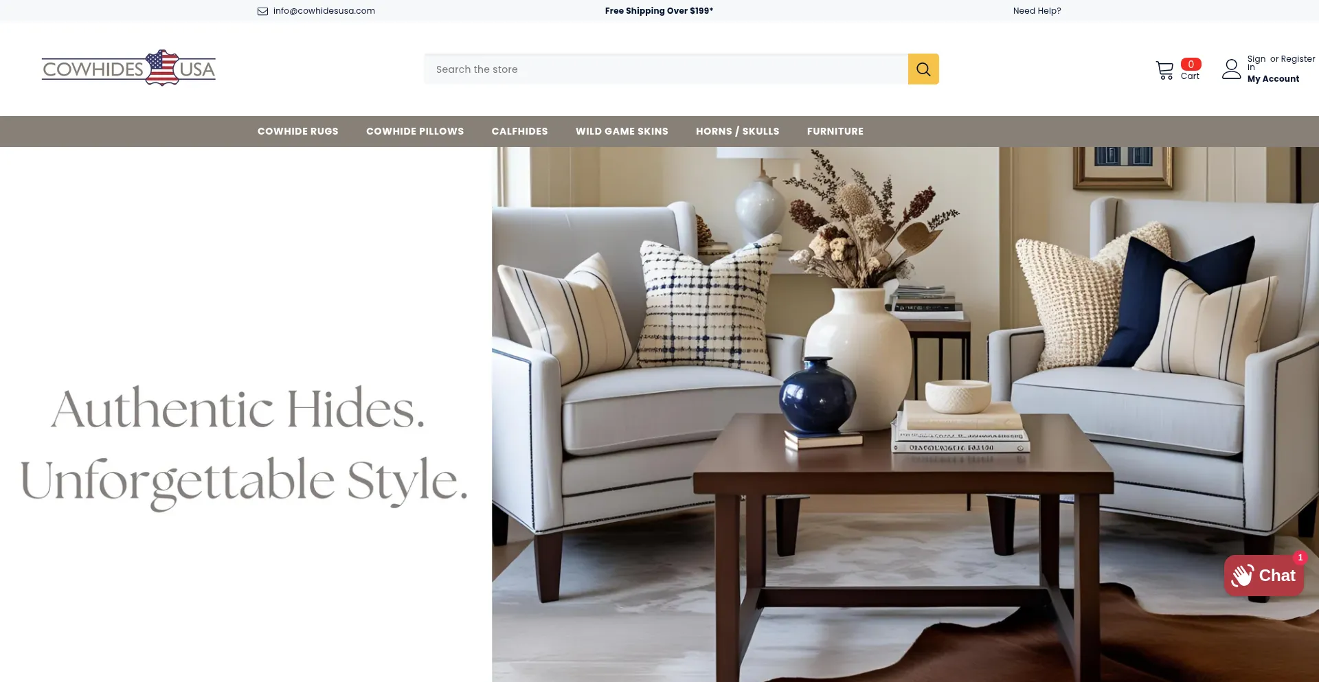 Website screenshot of Cowhidesusa.com