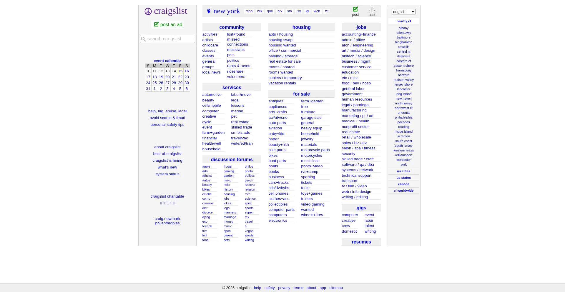 Website screenshot of Craigslist.com