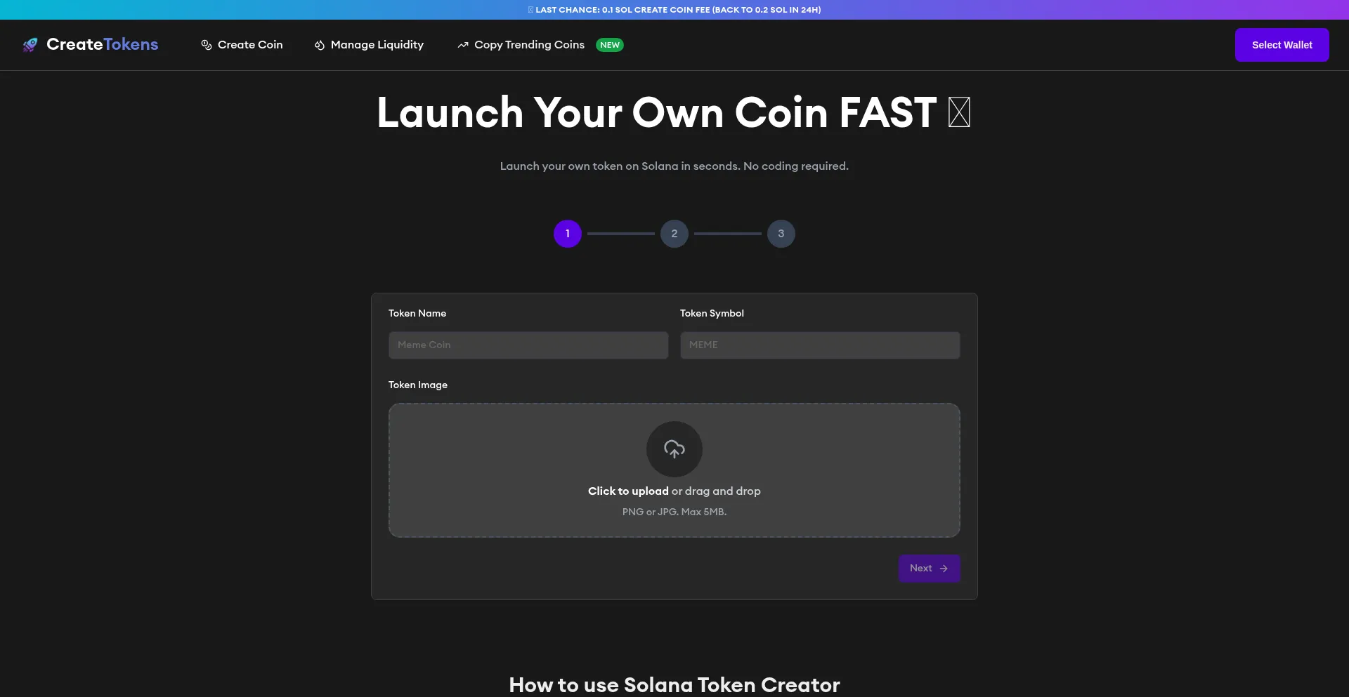 Website screenshot of Createtokens.fun