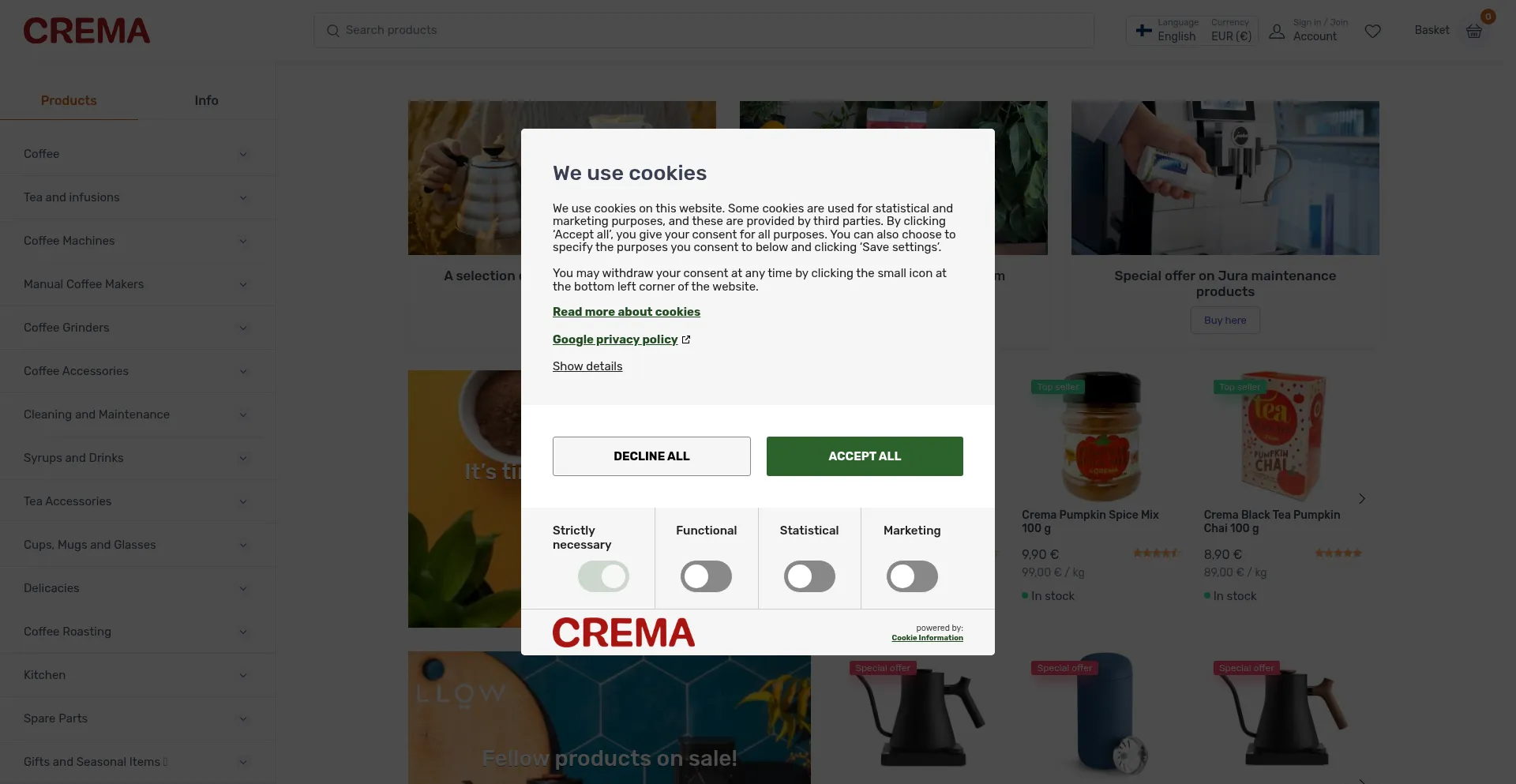 Website screenshot of Cremashop.eu
