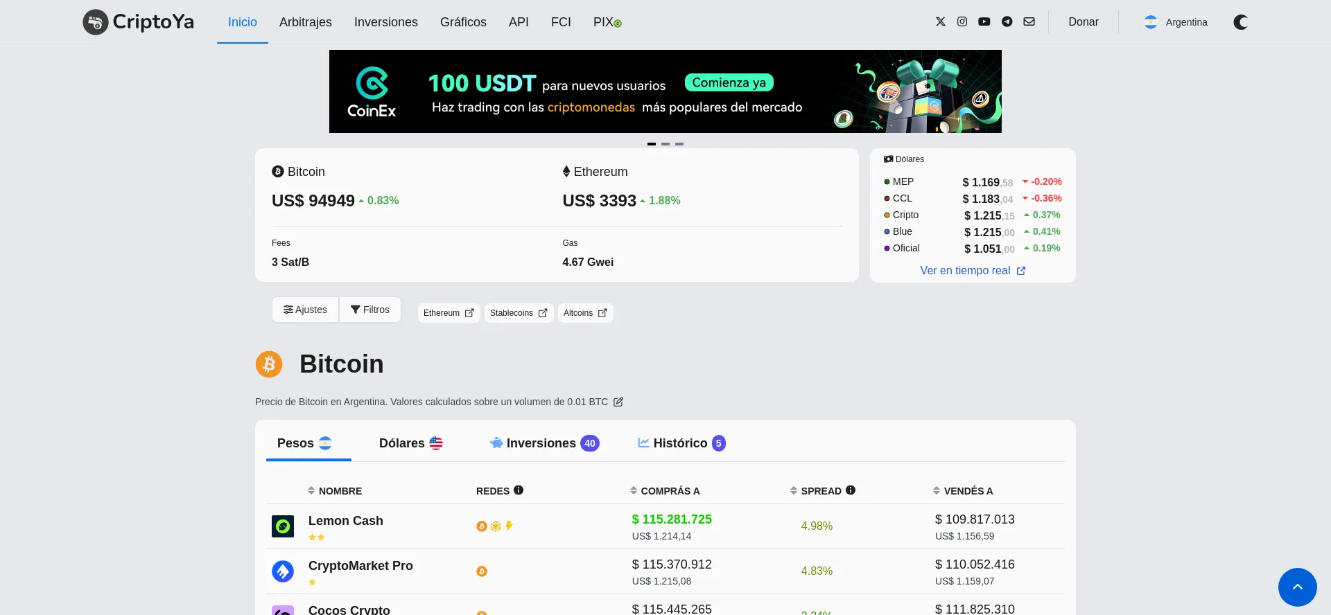 Website screenshot of Criptoya.com