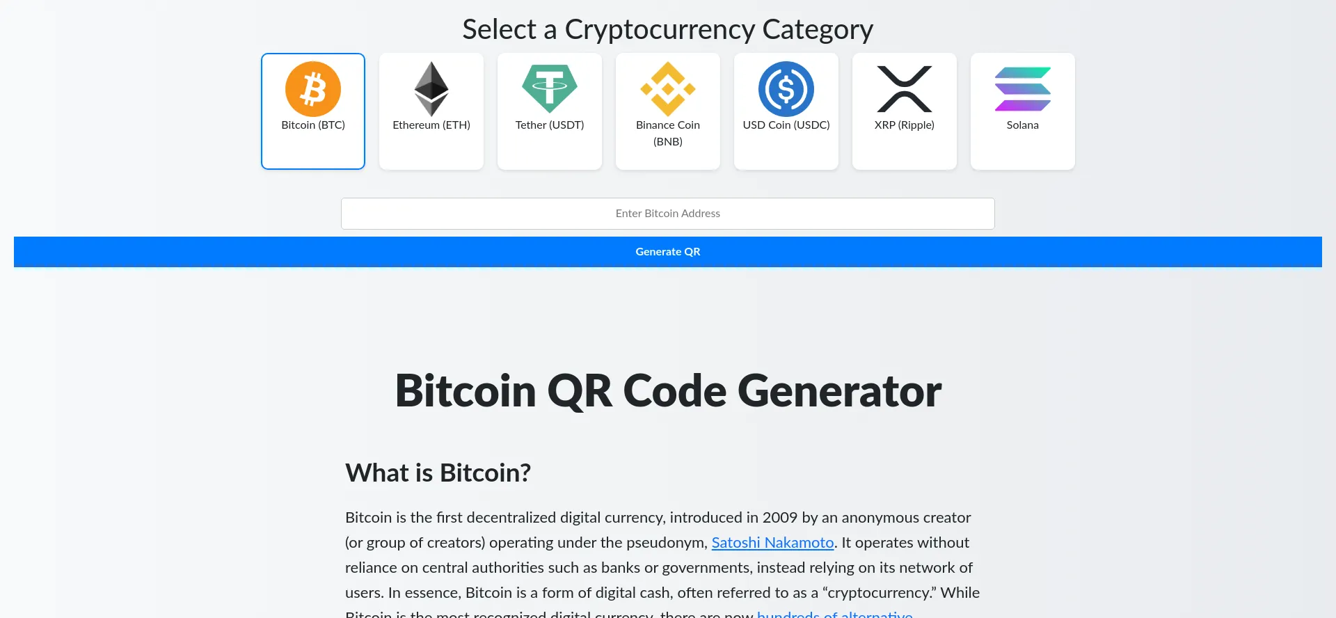Website screenshot of Crypto2qr.com