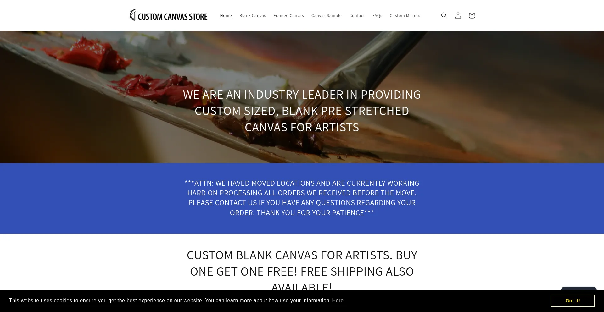Website screenshot of Customcanvasstore.com