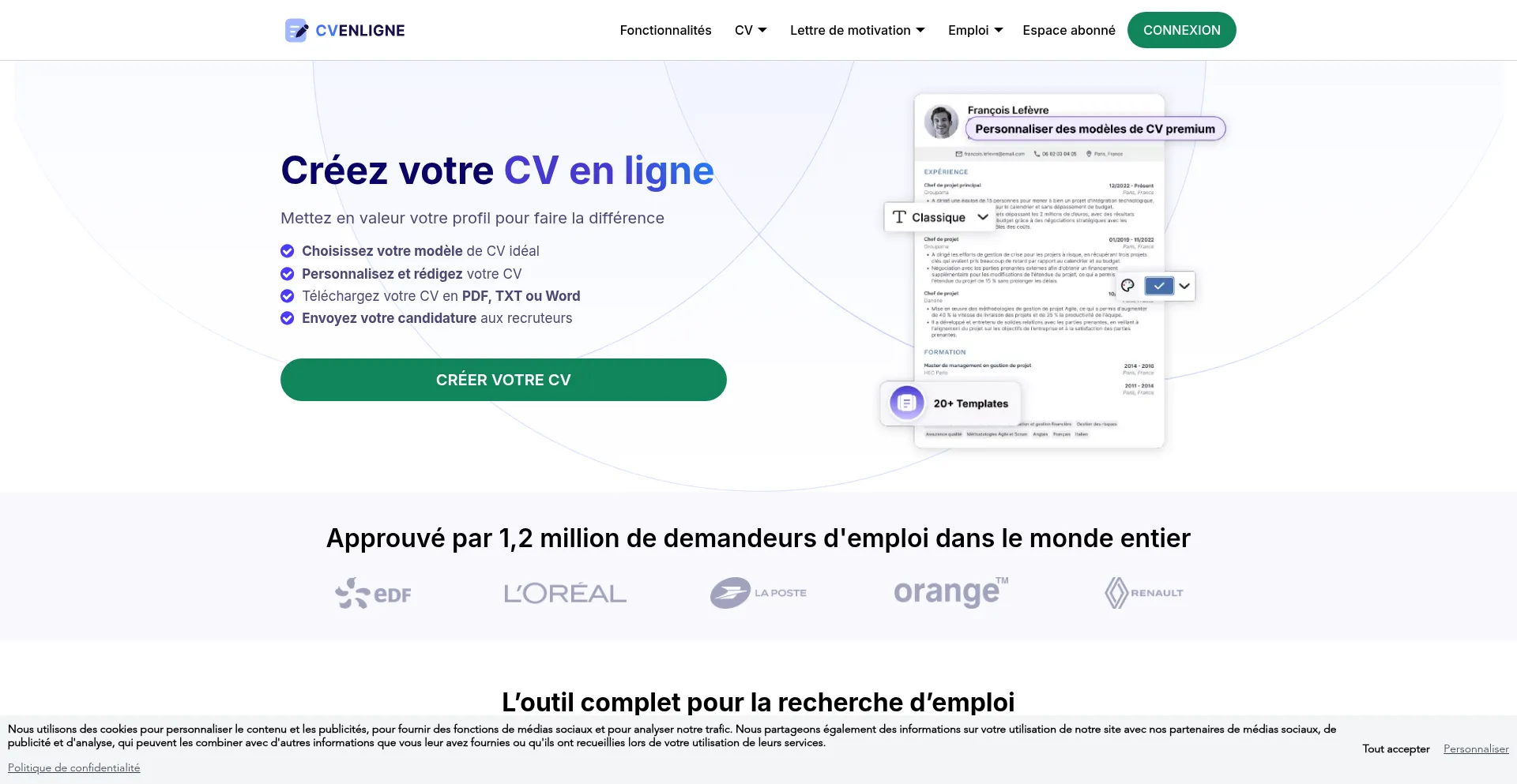 Website screenshot of Cvenligne.com